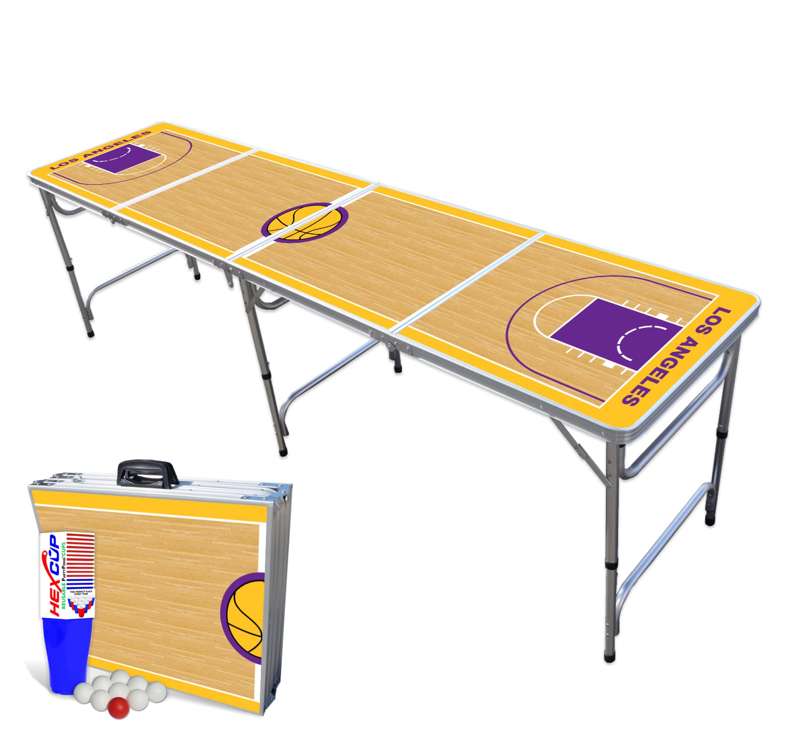 8-Foot Folding Portable Pong Table w/Optional Cup Holes & LED Lights - Los Angeles Lakeshow Basketball Court (Choose Your Model)