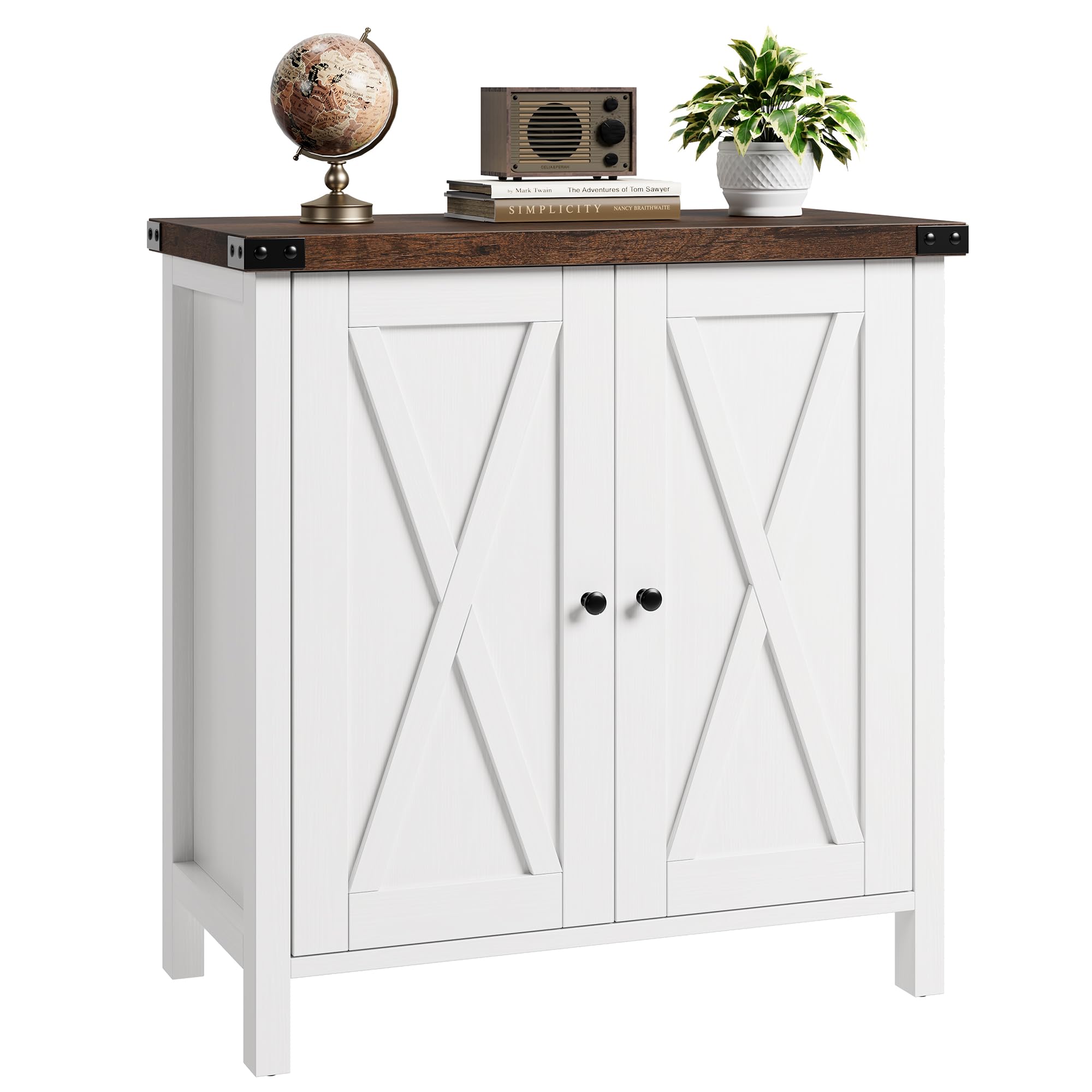 IDEALHOUSE Buffet Cabinet Farmhouse Storage Cabinet with Doors and Shelves, Buffets and Sideboards Entryway Cabinet with Storage Accent Console Cabinet for Living Room, Dining Room (White+Brown)