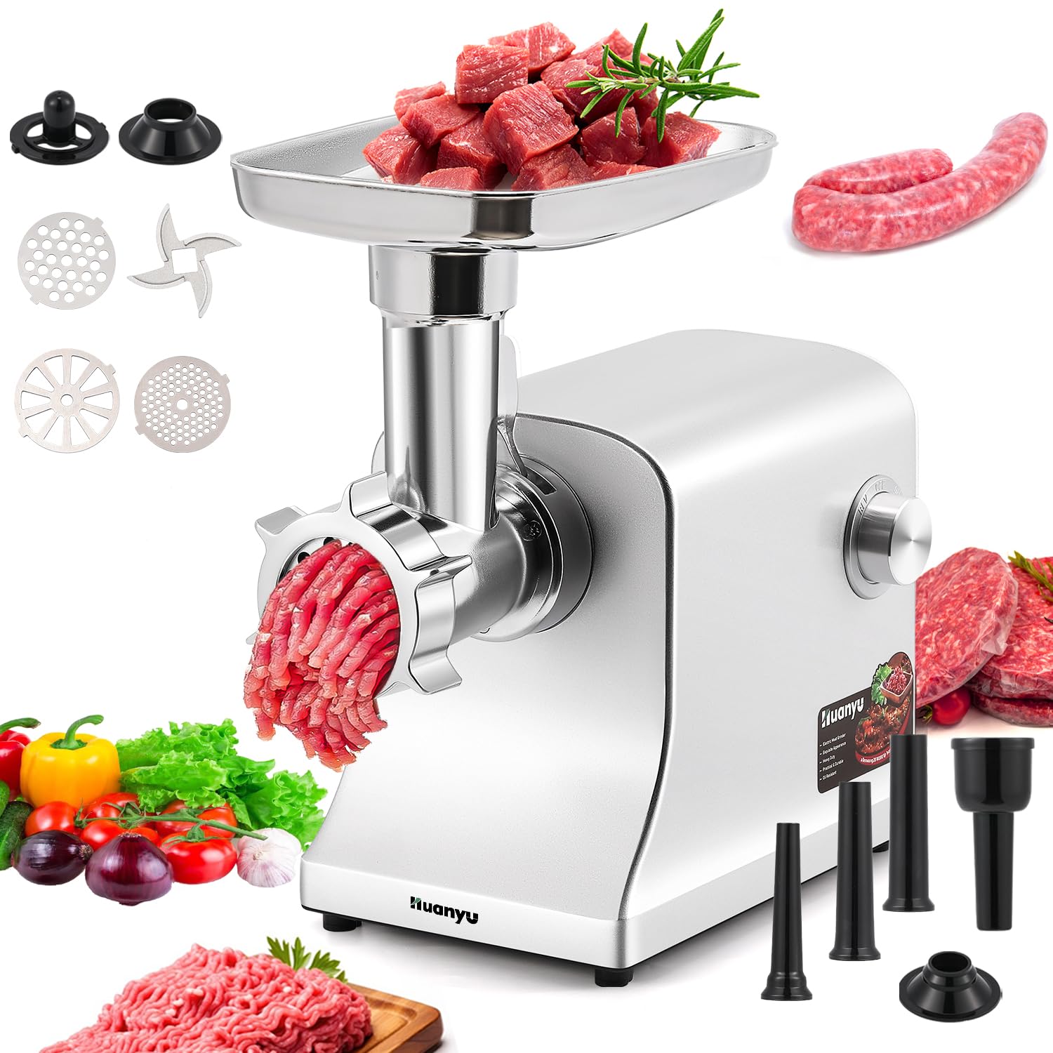 HuanyuMeat Grinder Electric 2800W Max Meat Mincer with Stainless Steel 2 Blades&3 Plates, 3 Sausage Stuffers, Kubbe Kits Heavy Duty Food Grinding Machine for Home Kitchen & Commercial Using