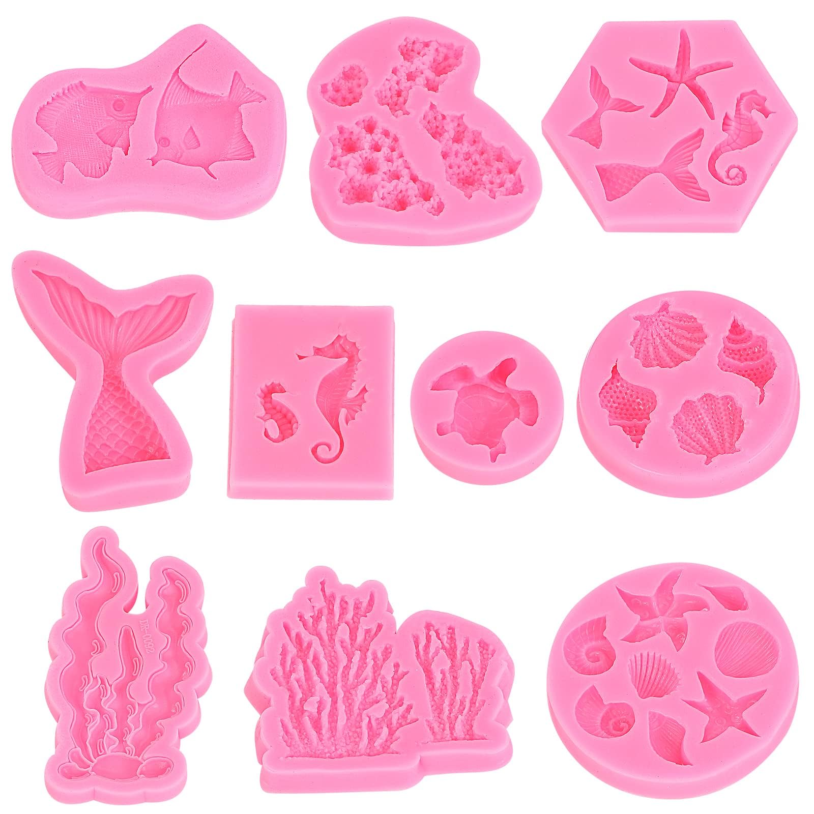 JRONGHE .Mermaid Fondant Cake Mold Mermaid Seashell Starfish Conch Coral Seaweed Fish Turtles Silicone Mold Suitable for Cake Chocolate Candy Fondant Polymer Clay Crafting Projects(10PACK)