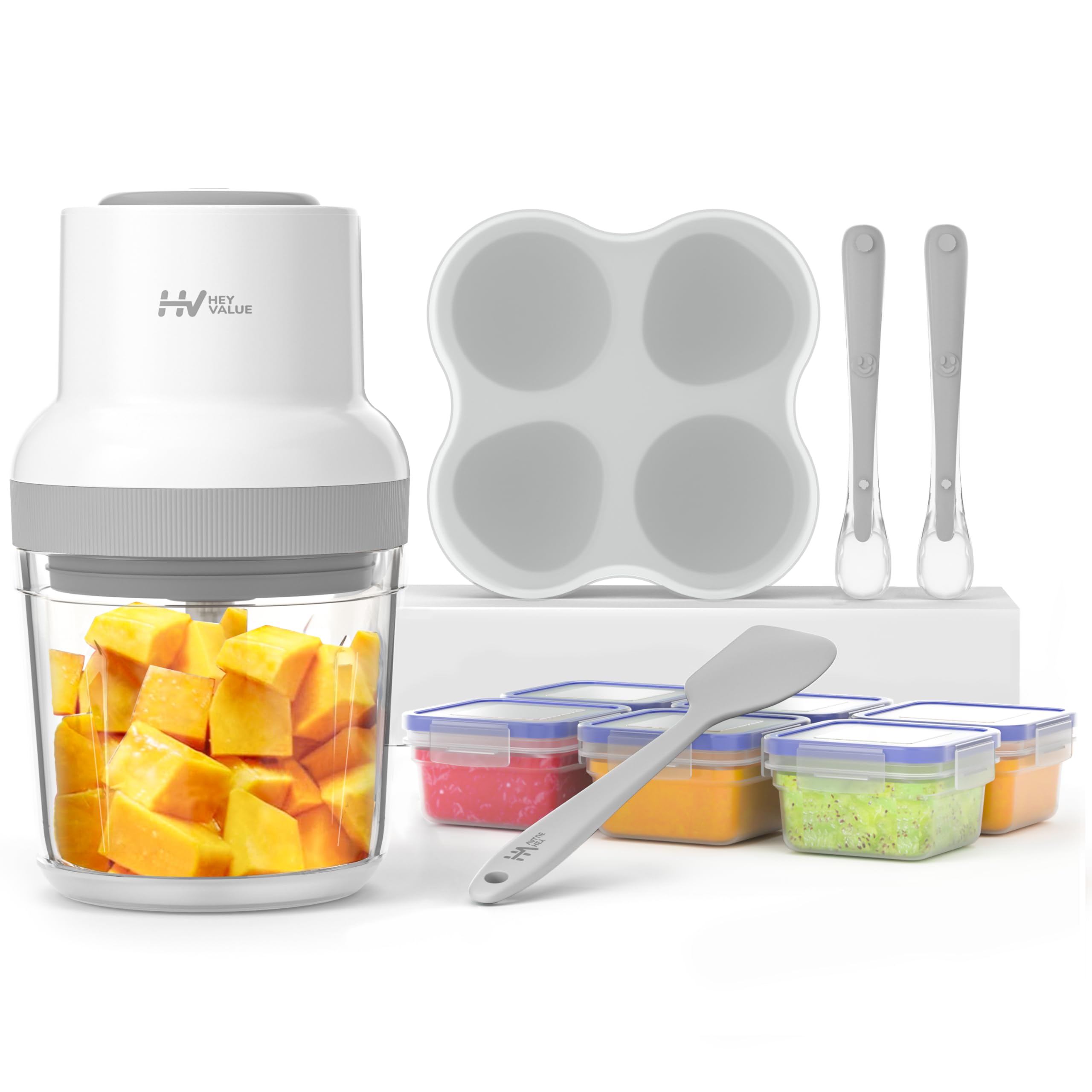 Baby Food Maker, HEYVALUE 13-in-1 Baby Food Processor Set for Baby Food, Fruit, Vegatable, Meat, Baby Food Puree Blender with Baby Food Containers, Food Freezer Tray, Silicone Spoons, Spatula (Gray)