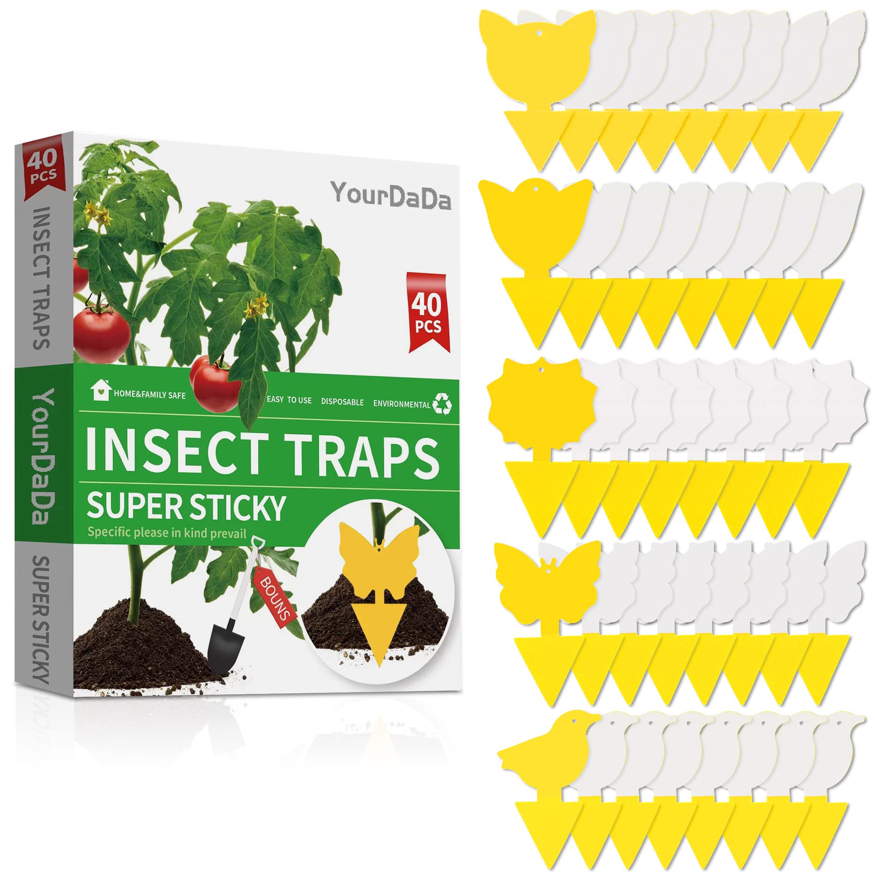 40 Pcs 5 Shapes Yellow Extremely Sticky Traps for Fungus Gnat, Fruit Fly, Fly, Whitefly, Flying Insect Catcher Traps for Houseplants, Kitchen, Indoor/Outdoor, Non-Toxic, Odorless, Pet and Kid Safe