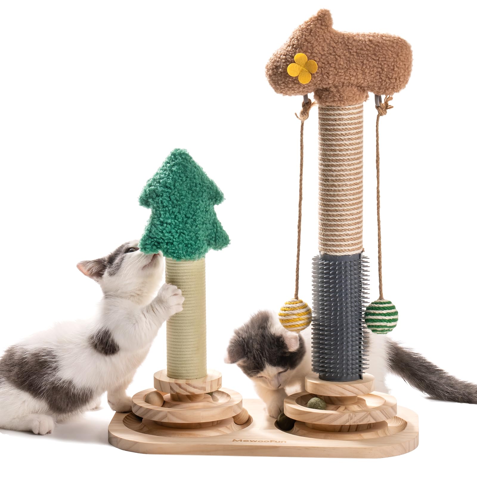 MEWOOFUN Interactive Cat Toys Roller, 2-layer Turntable Kitten Toys with Cat Hanging Balls and Scratching Posts, 3-in-1 Wood Cat Toy Interactive for Indoor Cats,40x57cm