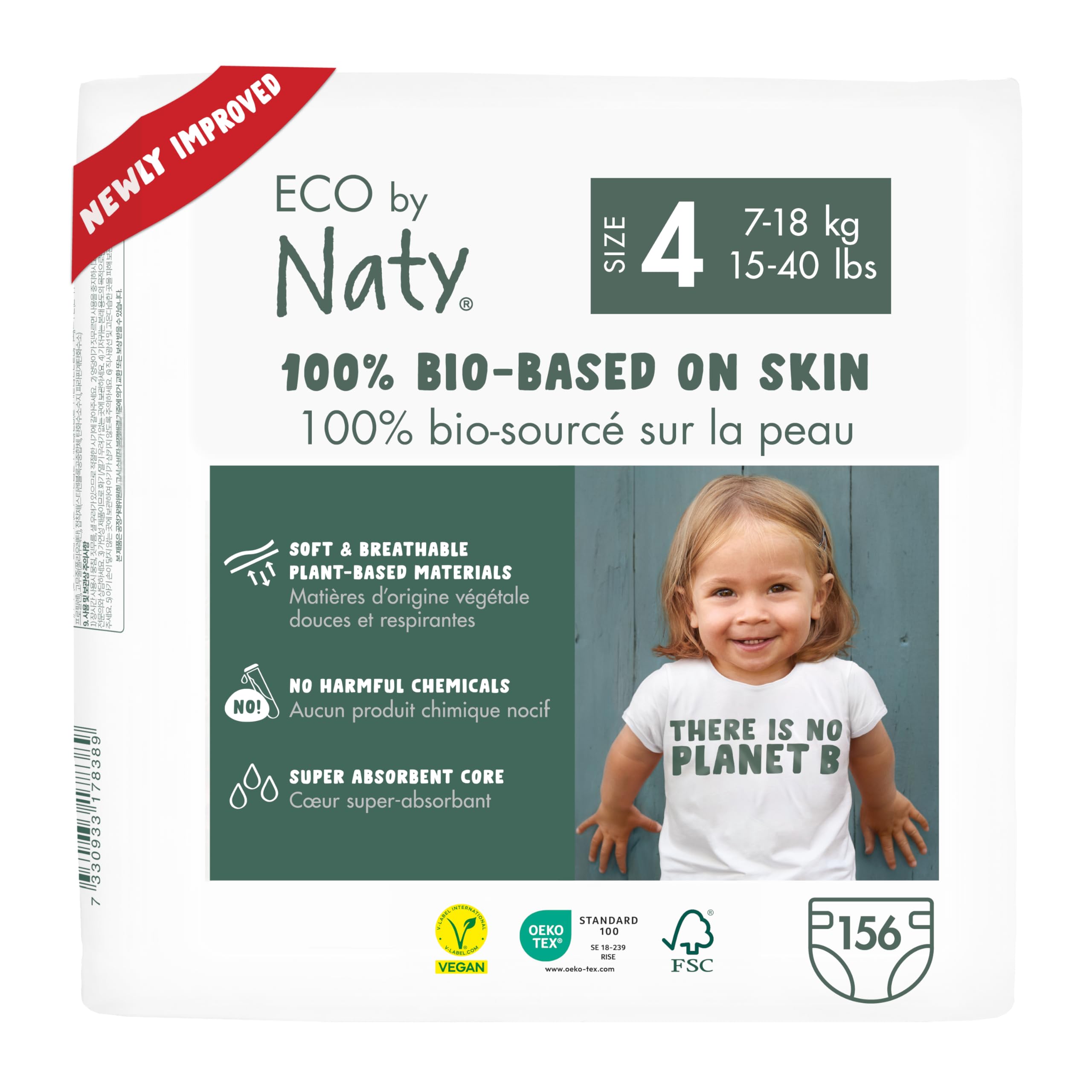 Eco by Naty Eco-Friendly Baby Nappies - 100% Plant-Based Materials on Skin, Soft, for Sensitive Skin & Super Absorbent (Size 4, 156 Count)