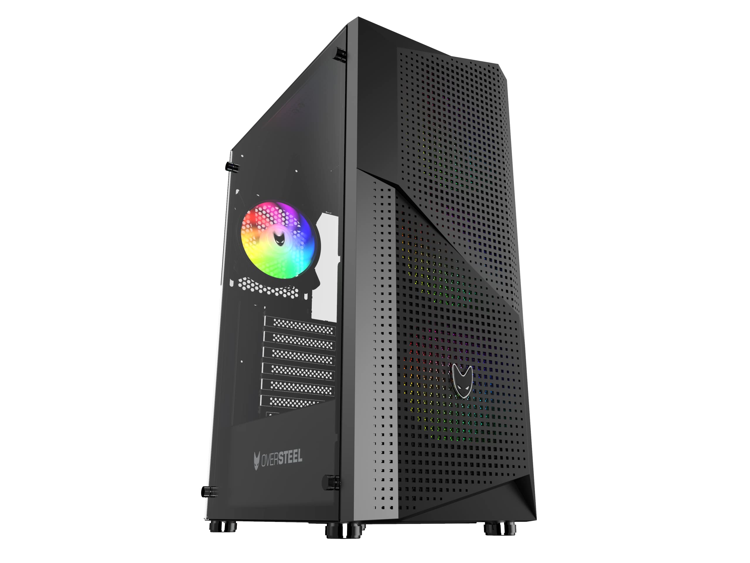 Oversteel - Kyanite Gaming PC Case Compatible with ATX, Micro ATX and ITX Boards, 4 120mm A-RGB Fans Included, Mesh Front, Anti-Dust Filters, Tempered Side Glass, USB 3.0, Black