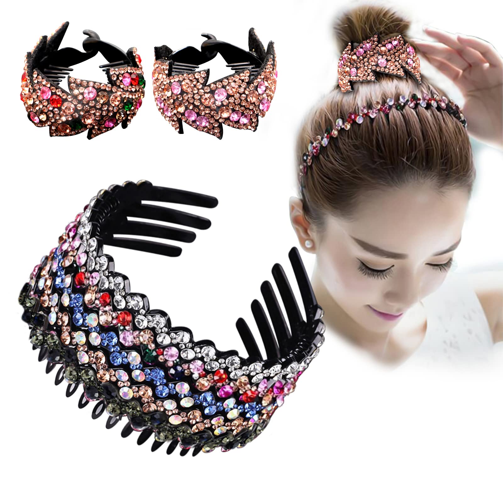 Wave Rhinestone Headbands, 5pcs Plastic Tooth Comb Headbands, Crystal Hair Loop Non-slip Wavy Hairbands for Women Girls… (I)