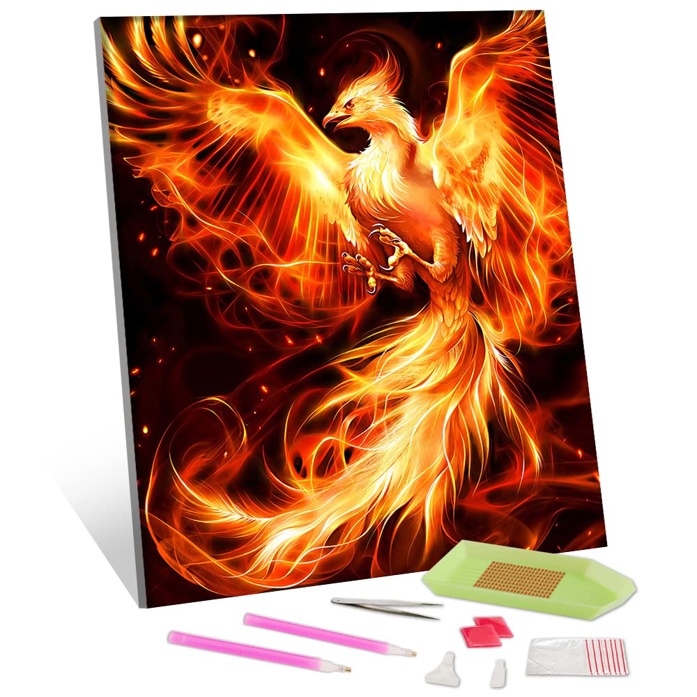 TISHIRON Phoenix DIY 5D Diamond Painting Kit for Adult Child Fire Bird Full Drill Art Rhinestone with Diamonds Pictures Arts and Crafts Home Wall Decor (Fire Phoenix) 12 in x16