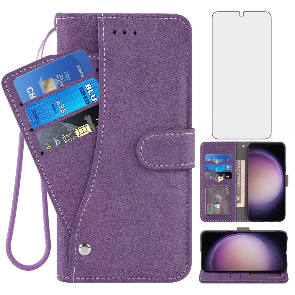 Asuwish Compatible with Samsung Galaxy S23 Plus S23+ 5G Wallet Case and Tempered Glass Screen Protector Flip Card Holder Cell Phone Cover for S23plus 23S + S 23 23+ SM-S916U 6.6 inch Women Men Purple