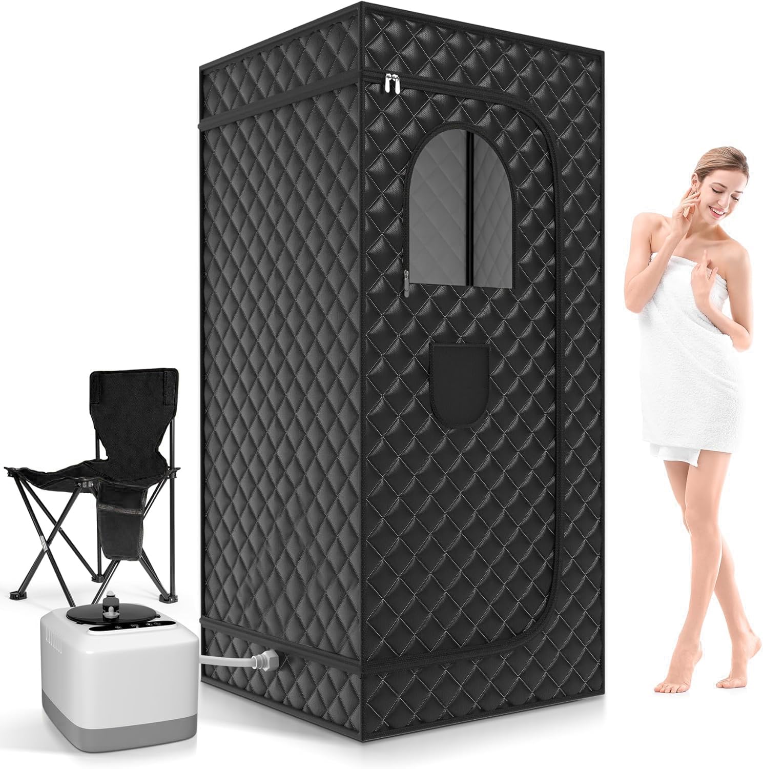 YOUWE7 Portable Sauna Box for Home Steam Sauna Indoor Foldable Sauna Tent Personal Full Body Spa with 3L 110V 1200W Steamer, Remote Control, Folding Chair, 9 Levels, Black, 90CMx90CMx180CM