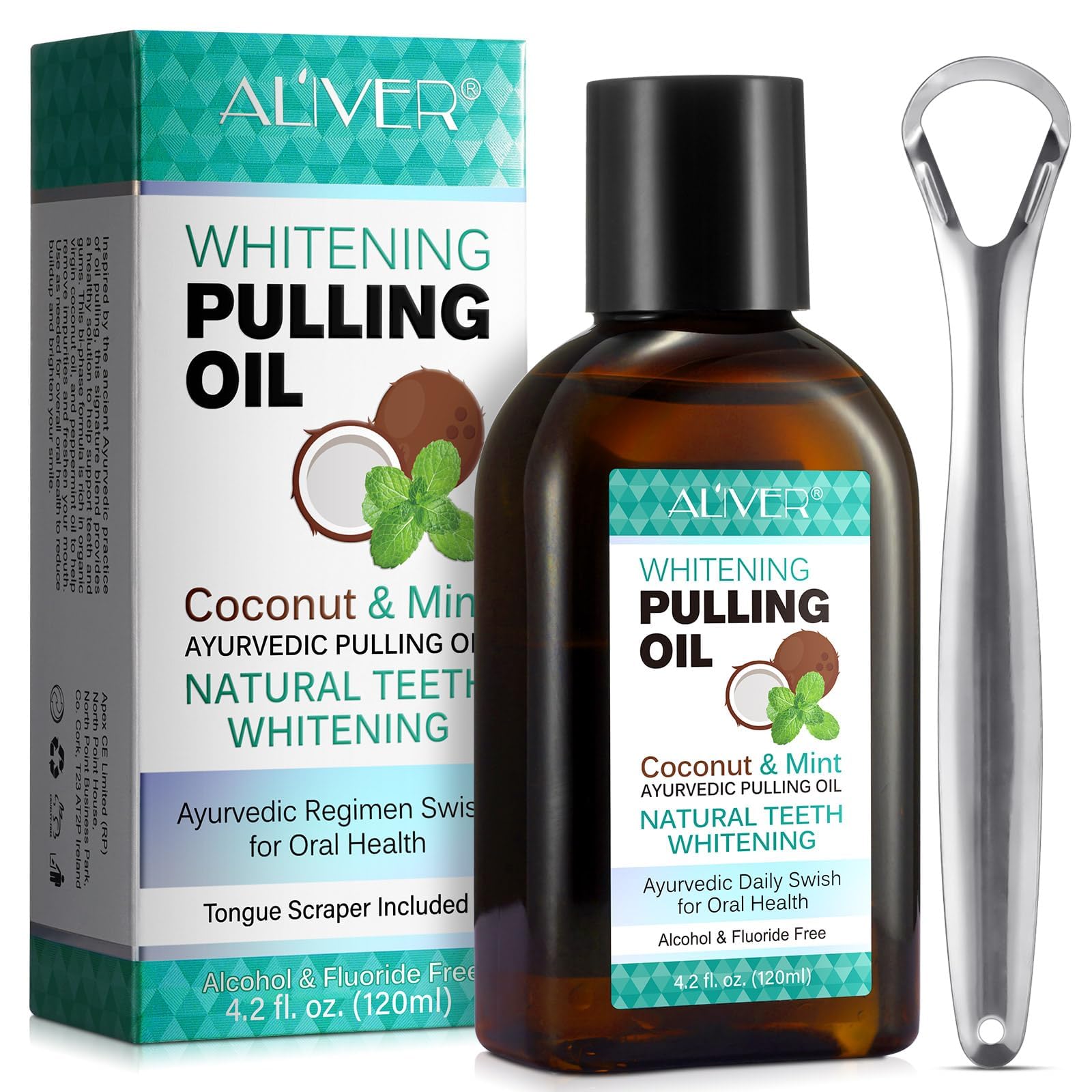 ALIVER Coconut Pulling Oil for Teeth 120ml, Oil Pulling with Tongue Scraper, Natural Oral Care, Fights Bad Breath, Alcohol-Free, Tooth Whitening, Gum Health, Dye Free, Antigingivitis Oral Rinse