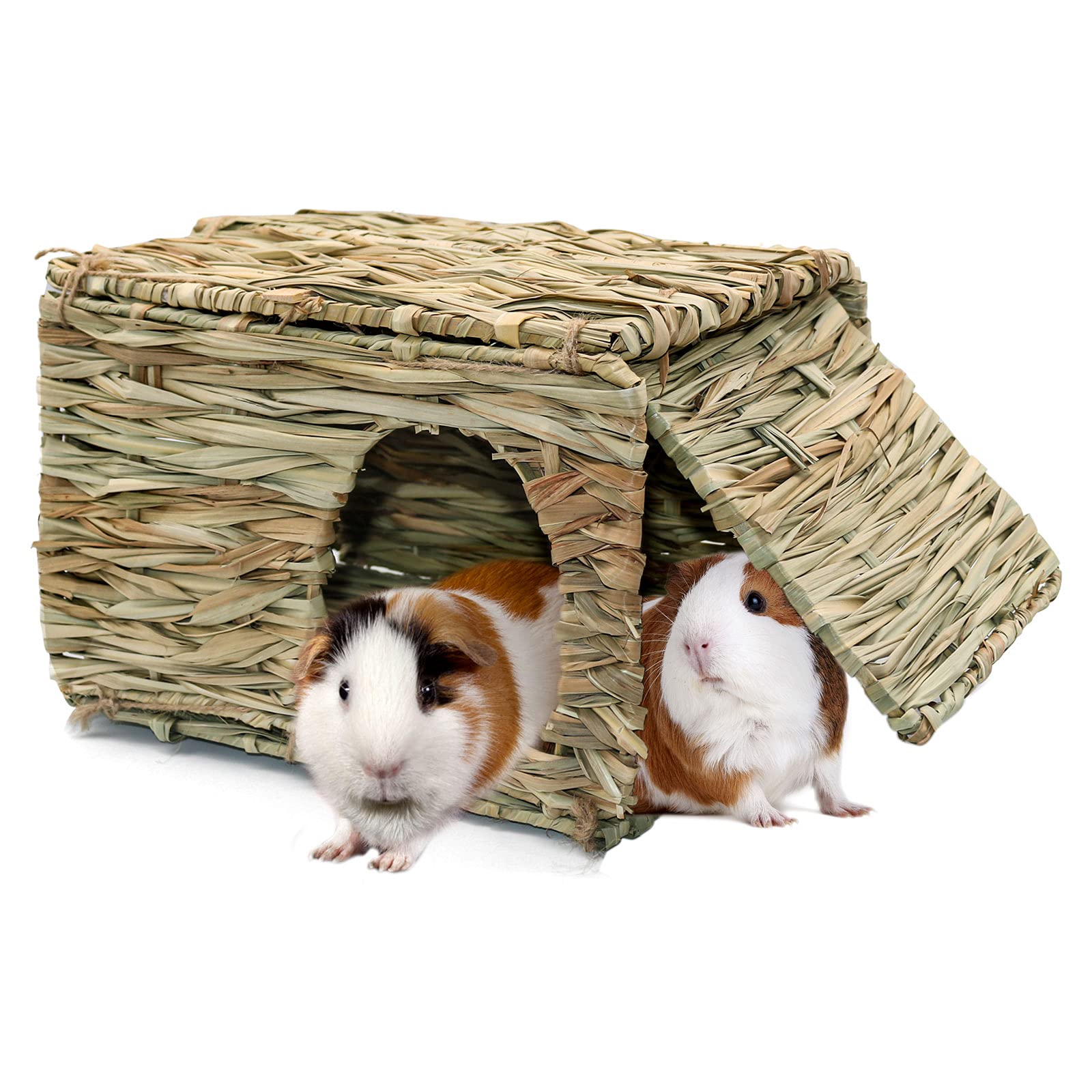 RANYPET Large Grass House for Guinea Pigs, Hand Woven Straw Hut Foldable Small Animal Play Hideaway Bed with Double Openings Playhouse for Bunny Guinea Pig Chinchilla Ferret