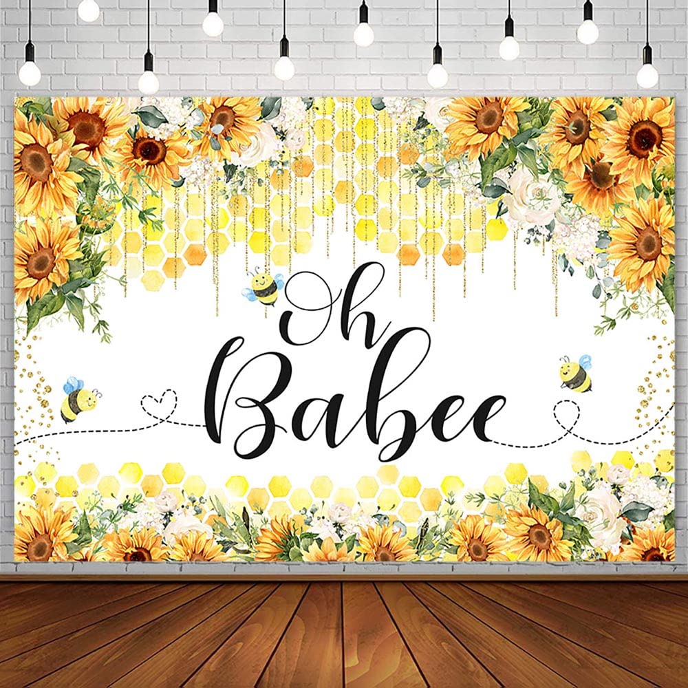 AIBIIN 7x5ft Oh Babee Backdrop for Baby Shower Sunflower White Floral Honeycomb Gold Glitter Photography Background Honey Bee Newborn Oh Baby Party Decoration Banner Supplies Photo Booth Studio Props