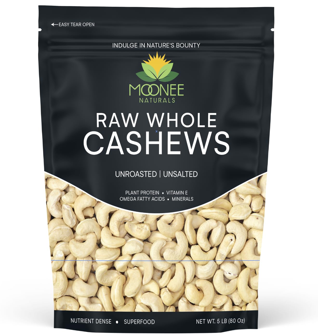 Raw Cashews Unsalted Whole (5 Pound) | Vegan Protein Snacks | Make Cashew Milk | Keto and Paleo Friendly Diet Snacks | Party Snacks | Healthy Snacks | Cashews Bulk | Non-GMO | 100% Natural - By Moonee Naturals (5 Pound)