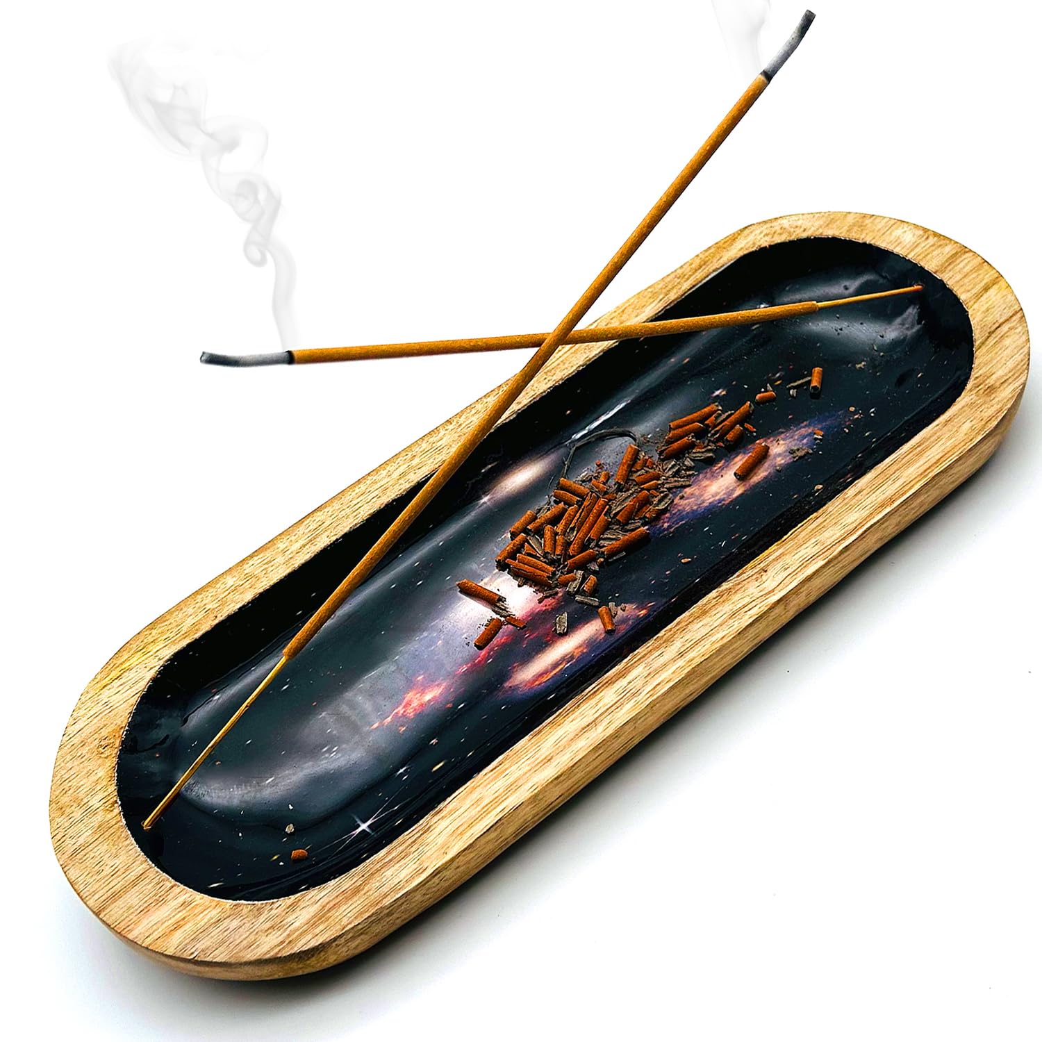 Simply Vedic Dual Incense Sticks Holder & Ash Catcher Tray| Heat-Resistant Ceramic Coating, Natural Wooden Agarbatti Stand, Easy to Clean Surface| for Home Decor, Pooja, Office (11 Inch, Universe)