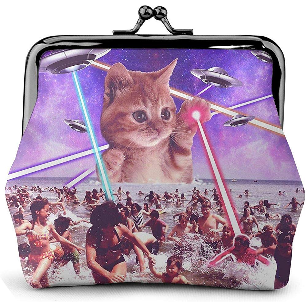 Cat Invader from Space Attack People Coin Purse Kiss Lock Change Pouch Vintage Clasp Closure Buckle Wallet