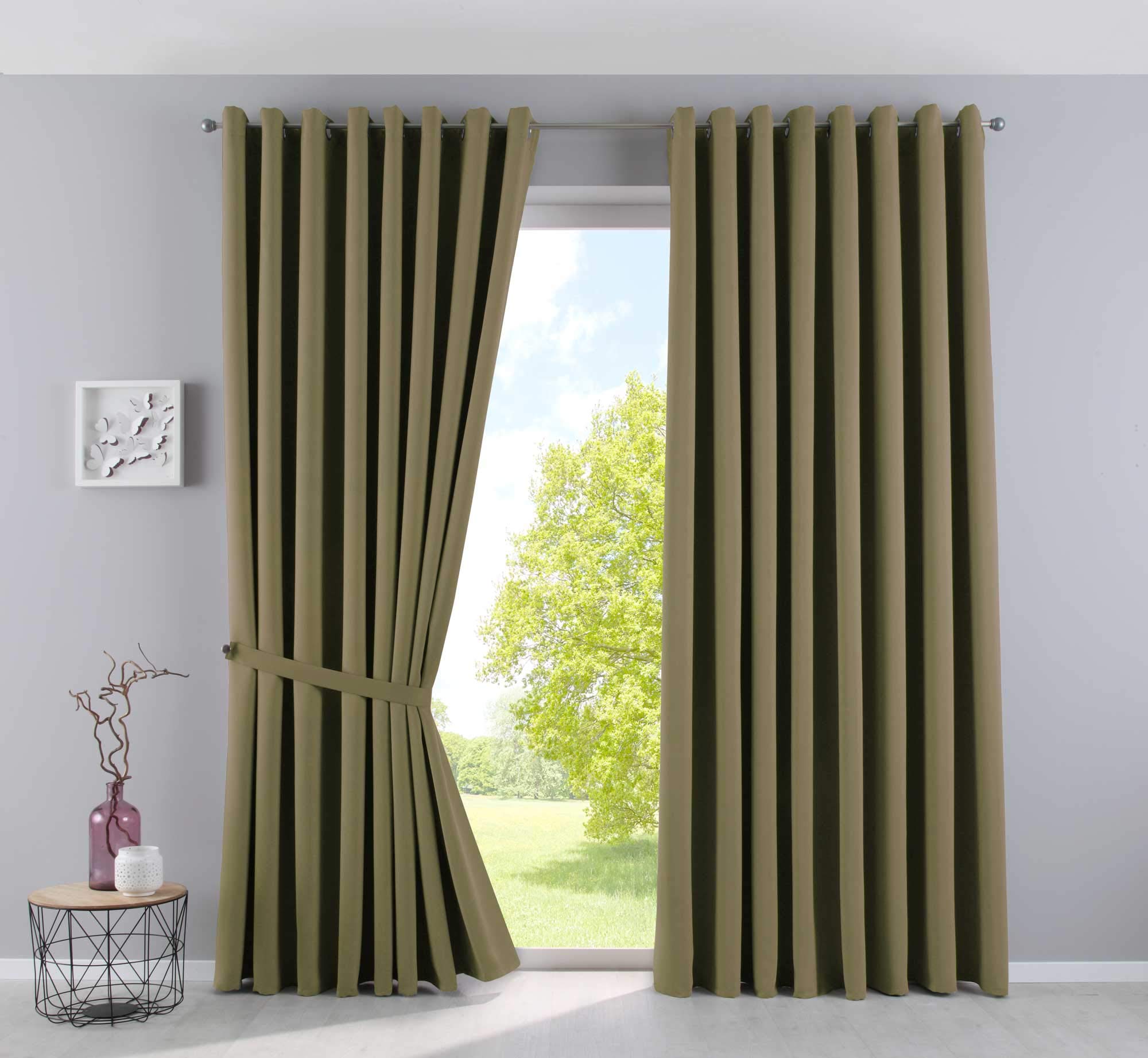 Gardinenbox NewYork 201920600-2 Opaque Thermal Curtains Blackout Eyelets Sound-Absorbing Oeko-Tex UV Protection Tiebacks 100% Polyester Olive 225 x 295 cm