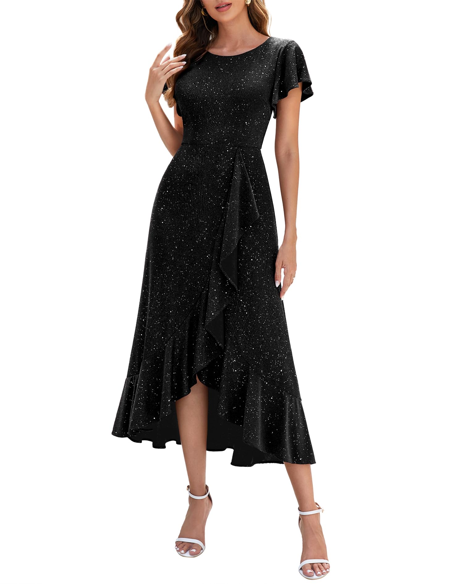 BeryLoveWomen Sequin Formal Party Dress Flutter Short Sleeve Wedding Cocktail Long Evening Dress