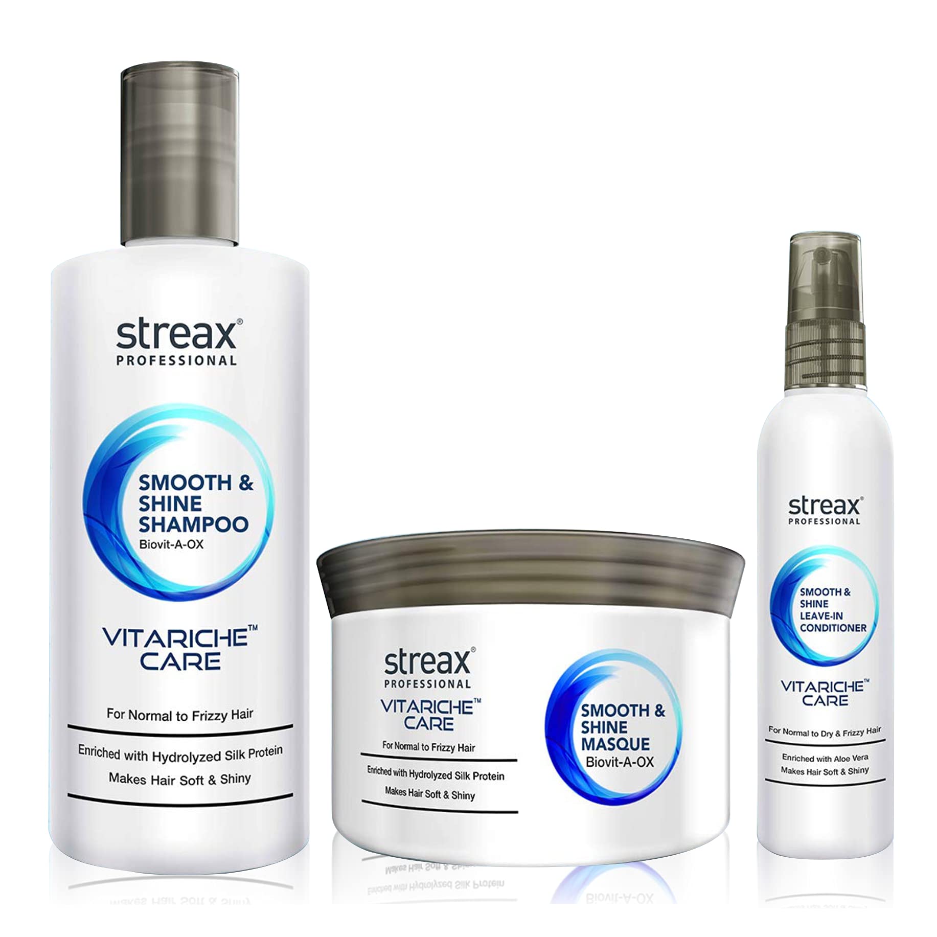 Streax Professional Vitariche Care Smooth & Shine Shampoo 300 ml + Masque 200 gm + Livin-conditioner 100 ml Pack of 3