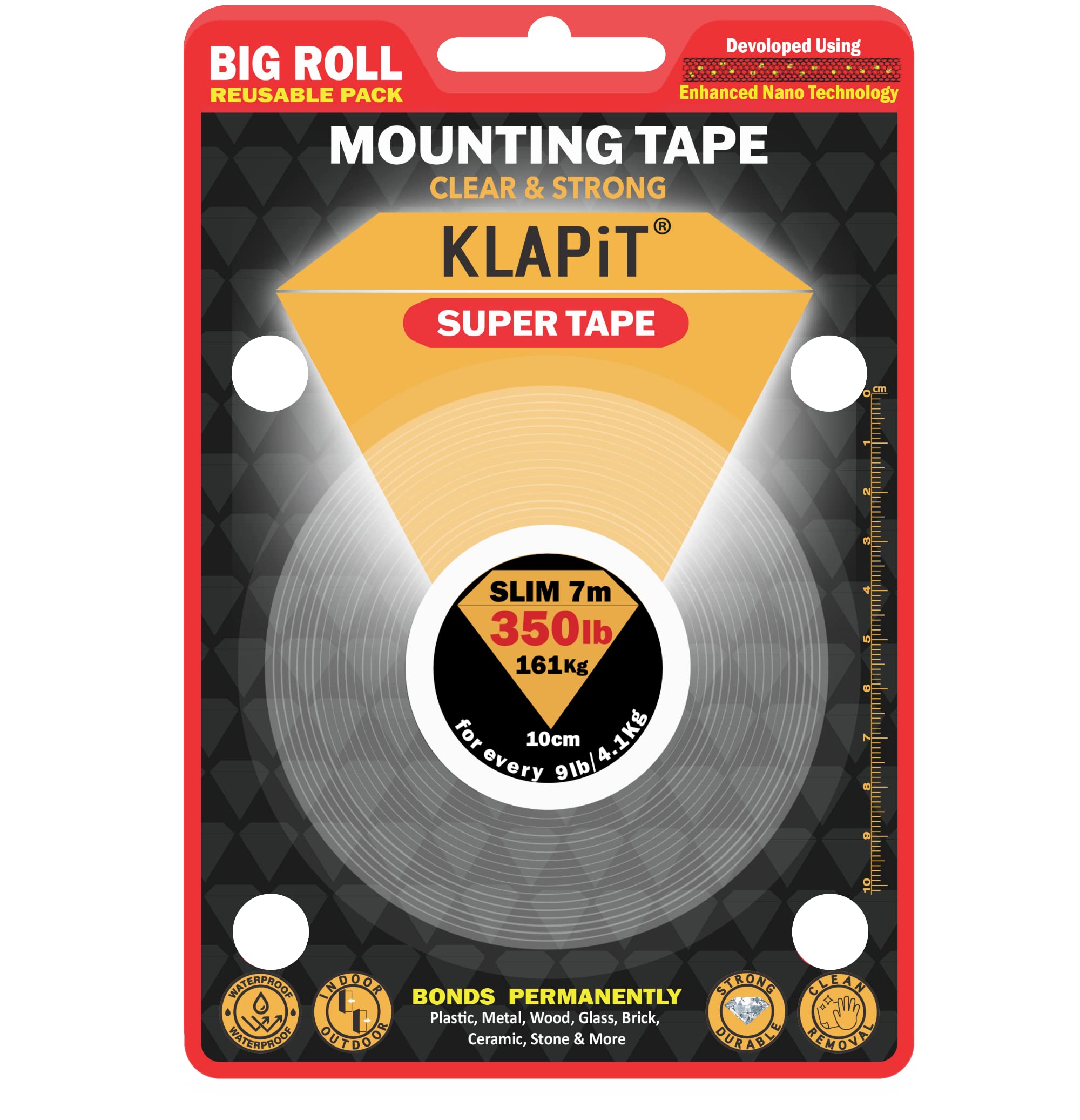 KLAPiT SUPER TAPE Double Sided Heavy Duty Mounting Tape Holds 350 Pounds or 161Kg Weight Using Enhanced Nano Technology. Clear Tape for Wall, Wood, Tile, Stone, Glass, Metal and Acrylic Slim 7m