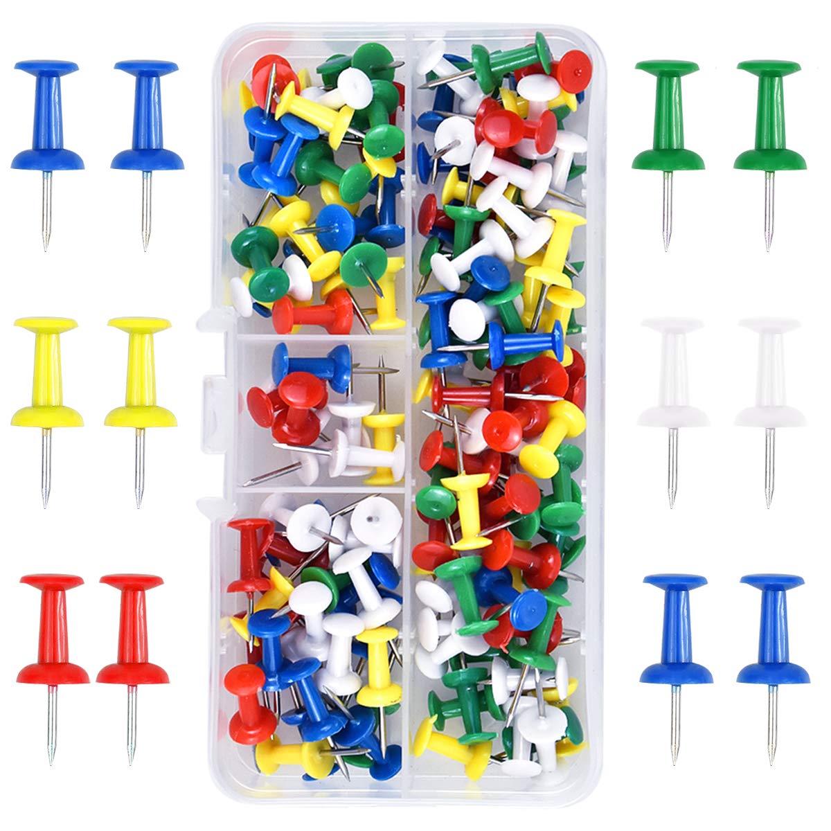 100 Pcs Multicolored Notice Board Push Pins, Drawing Push Pins with Plastic Heads and Steel Points in a Box, Thumb Tacks for Map and Cork Notice Board (5 Colors)