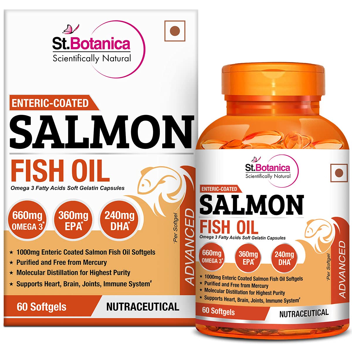 StBotanica Salmon Fish Oil 1000mg Advanced Double Strength 650mg Omega 3 with 330mg EPA, 220mg DHA - 60 Enteric Coated Softgels