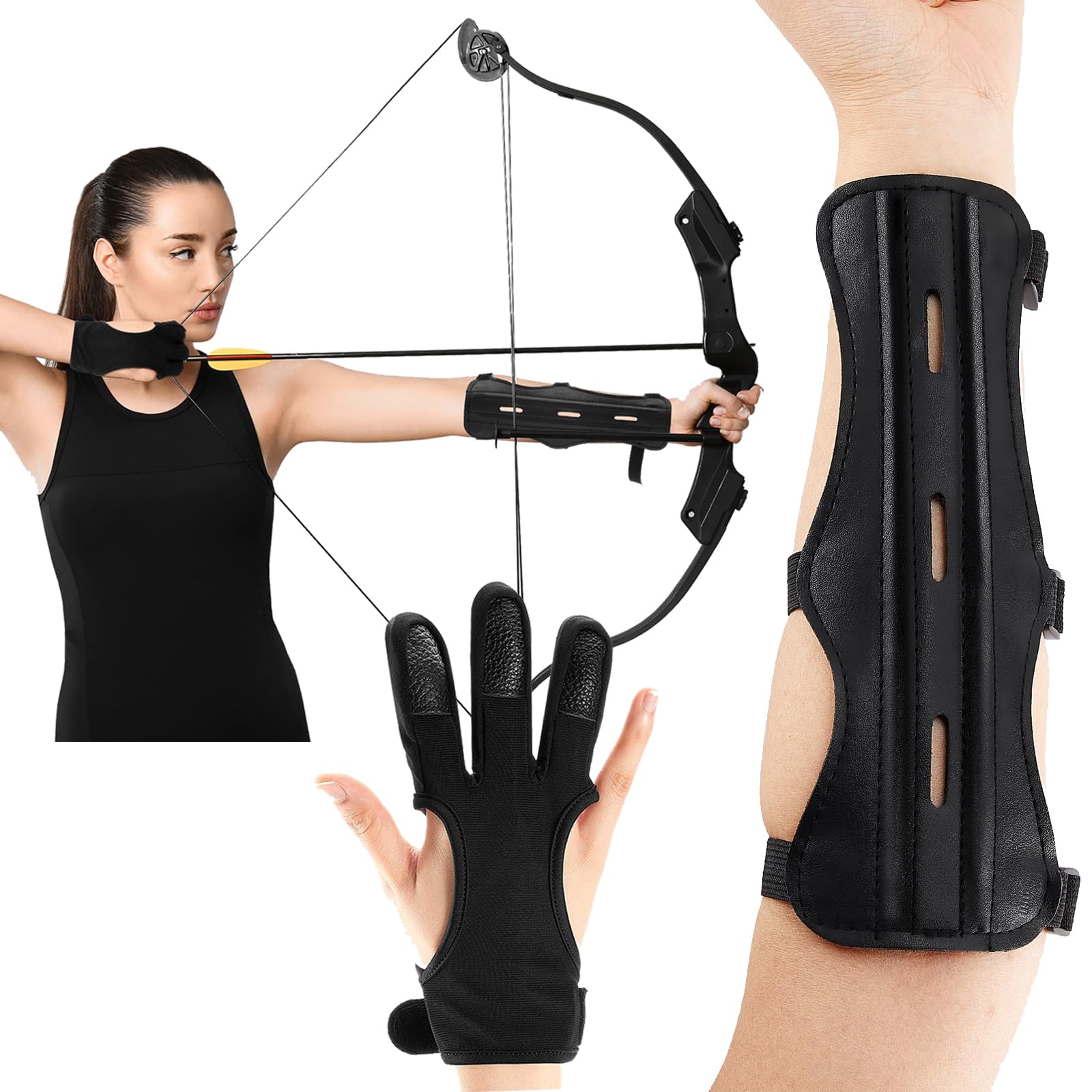 FesFun® Archery Arm Guard with Archery Glove, Arm Protection Archery Set, Adjustable Shooting Accessories for Beginners, Children Adults Black Leather