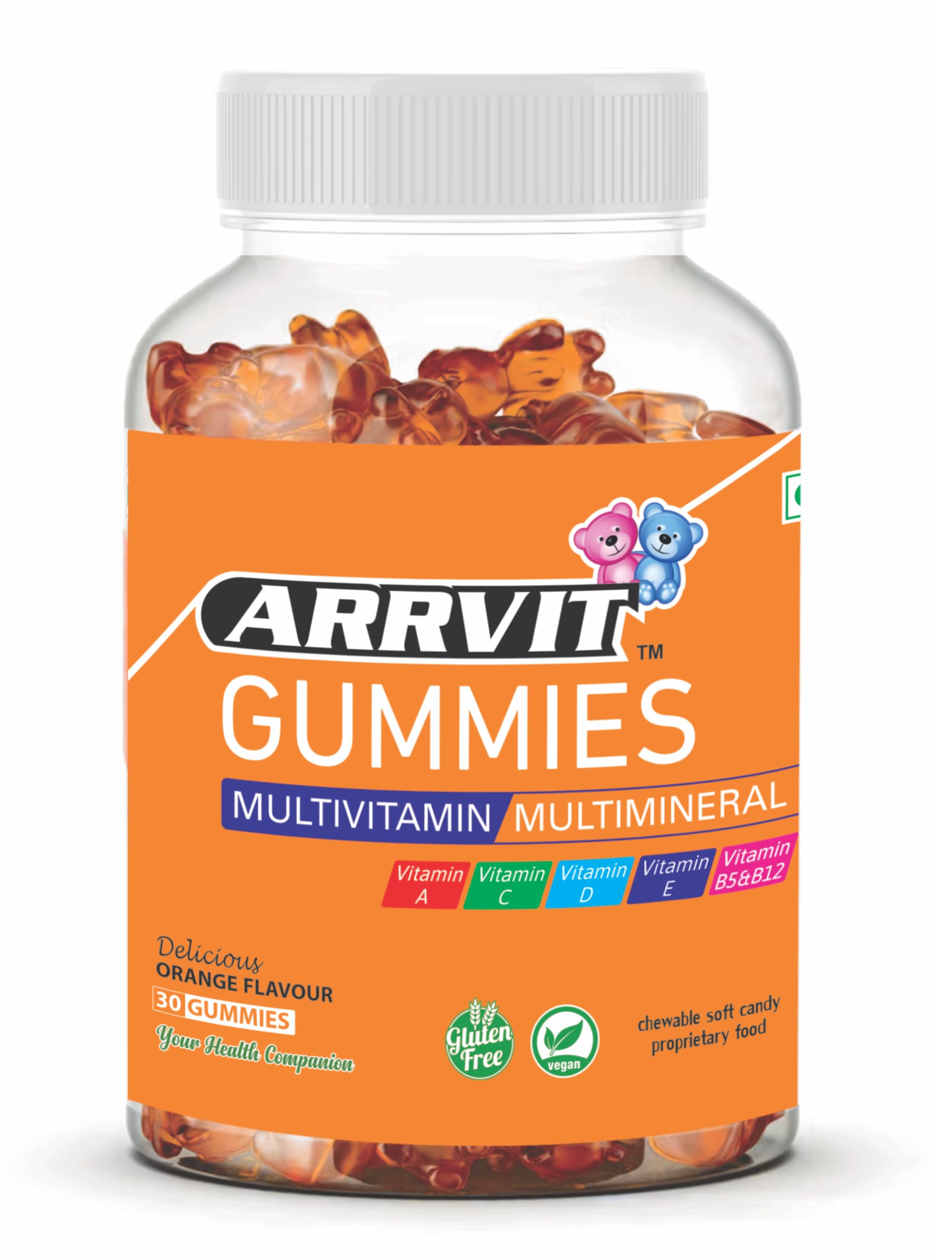 Arrvit Gummies- Multivitamin Vitamin B5&B12 Gummies For Men & Women/Soft Candy/Delicious Orange Flavor Multi minerals-(30 Gummies) 1-PACK