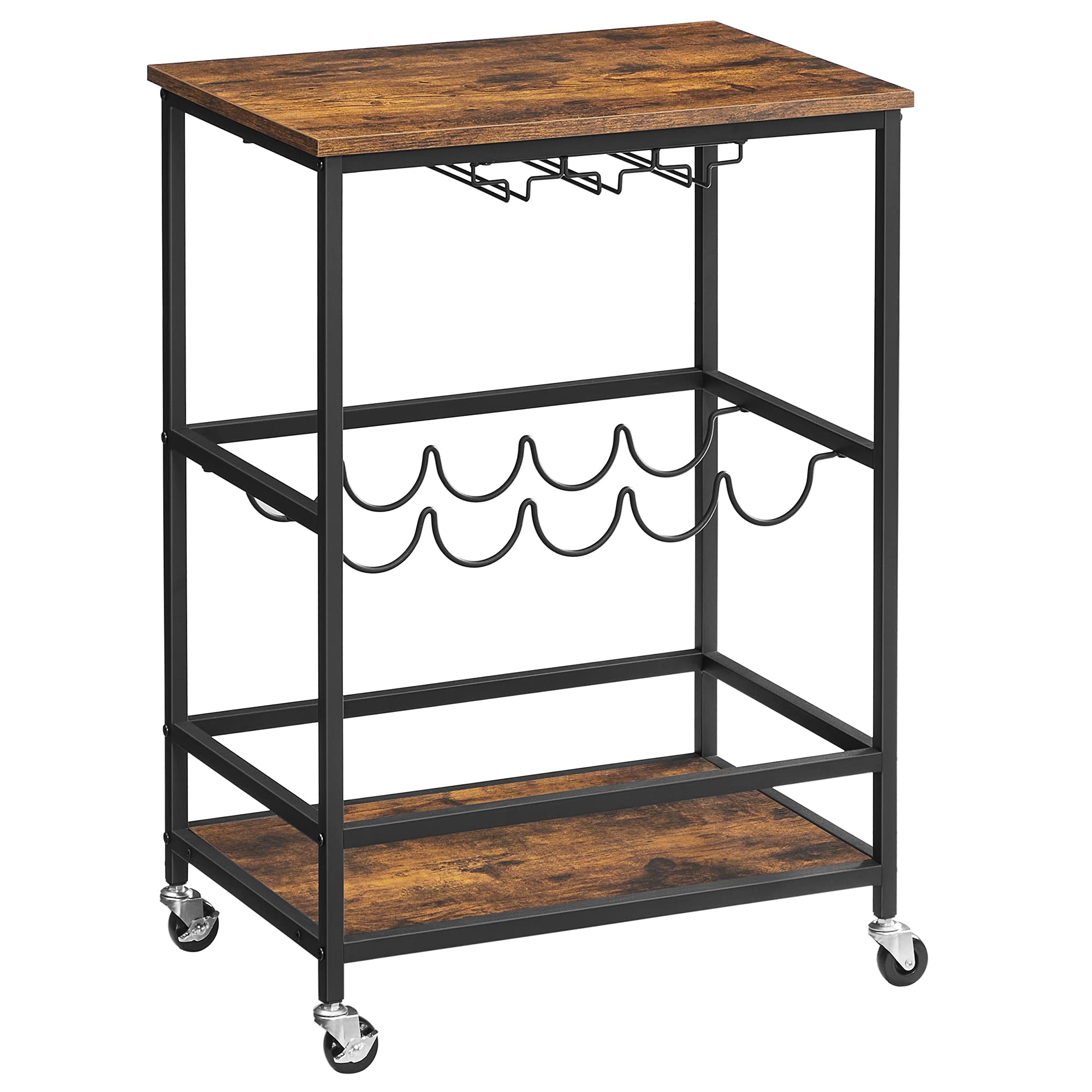 VASAGLE Bar Cart, Serving Cart with Wheels, Glass Stemware Rack and Wine Bottle Holders, 15.7 x 23.6 x 32.3 Inches, Industrial, Rustic Brown and Black ULRC087B01