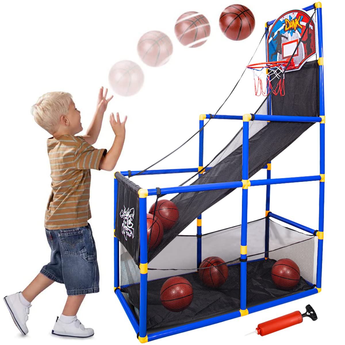 Basketball Hoop Arcade Game Toy Basketball Hoop Shoot Training System Portable Lightweight Sets with 6 Balls & Pump, Gift for Toddlers Kids Boys Girls Indoor Outdoor Basketball Shoot Sports Game