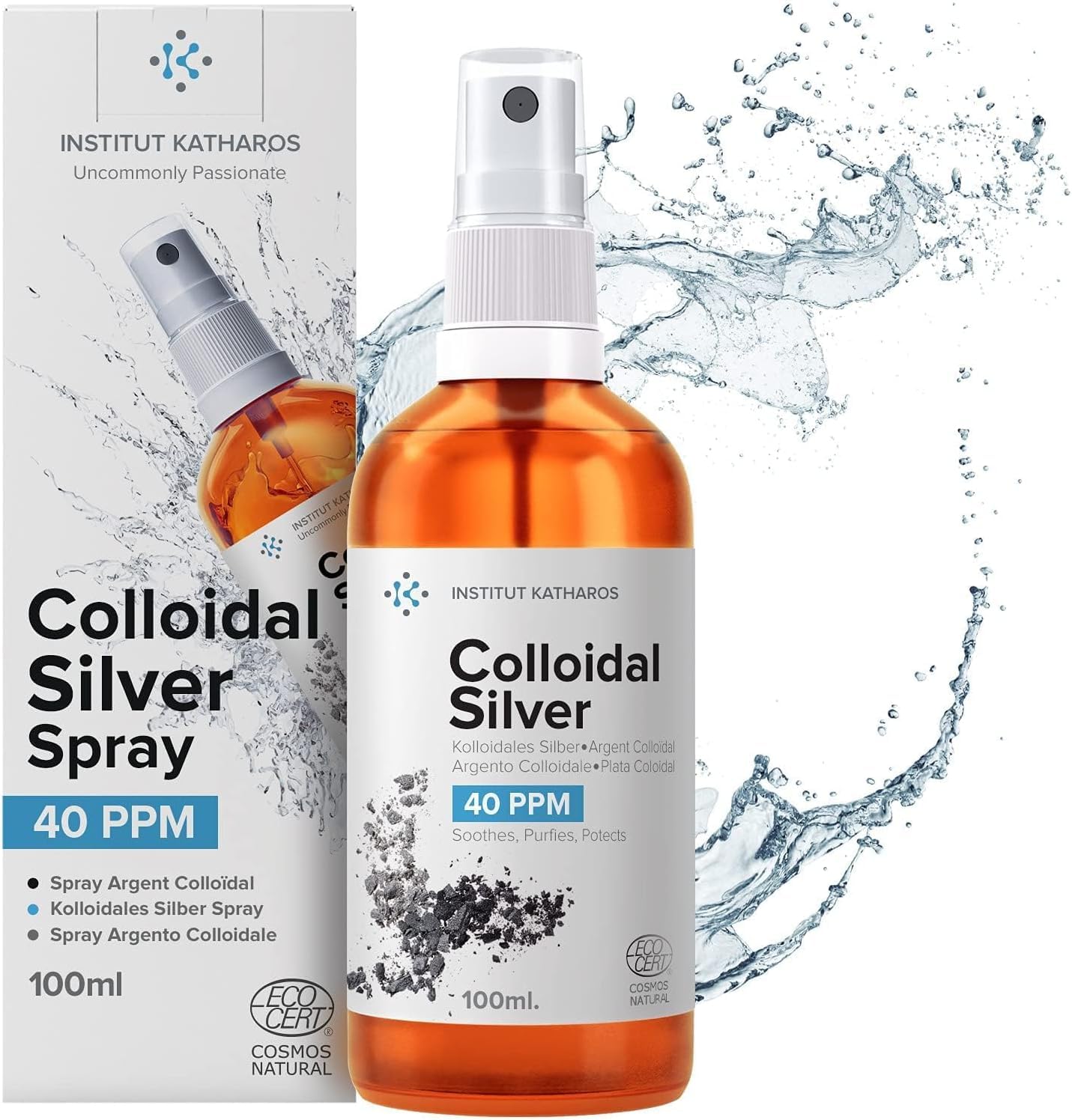 Colloidal Silver Spray 100mL ● 40 PPM ● Superior Concentration, Smaller Particles, Better Results ● Ecocert Cosmos Natural Certified ● Institut Katharos