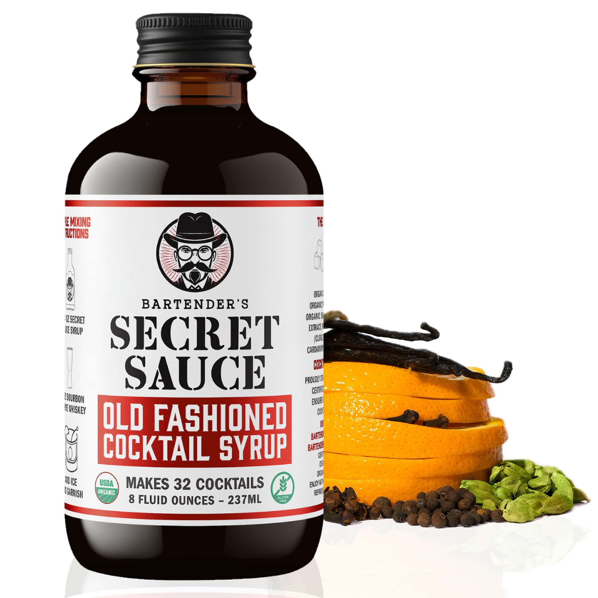 Bartender's Secret Sauce Old Fashioned Mix - Makes 32 Cocktails - Handcrafted Old Fashioned Syrup with Bitters, Orange, Cherry, Organic Cane Sugar - More Complex than Bitters and Simple Syrup - 8-Ounce 1 Pack