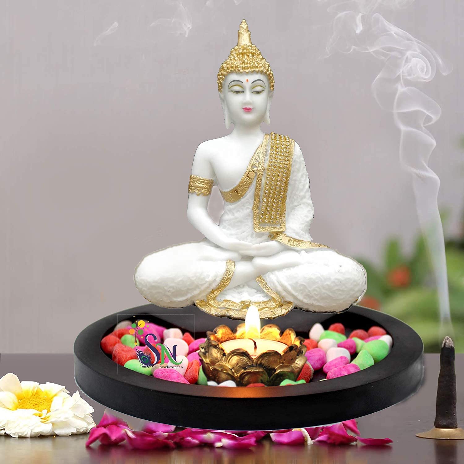 SHREE RAM IMPEX Lord Buddha Meditating Statue Idol Showpiece Decorative Items for Home Decor Living Room Bedroom Pooja Office Table Wall Shelf Decoration Gifting x White