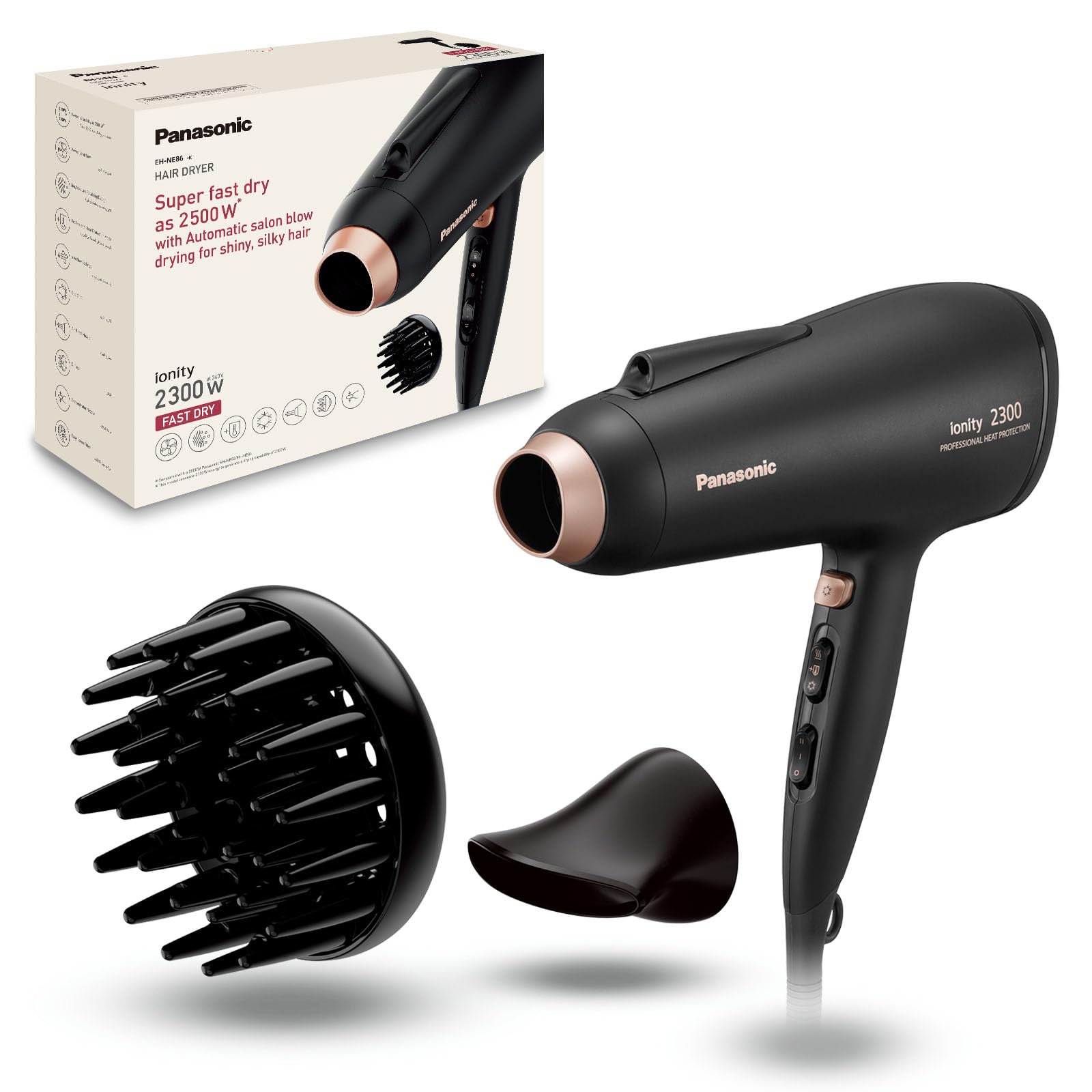 Panasonic 2300W Ionic Hair Dryer with Powerful Airflow, 6 Airflow Settings, Professional Heat Protection, Concentrator Nozzle and Diffuser - EH-NE86-K685