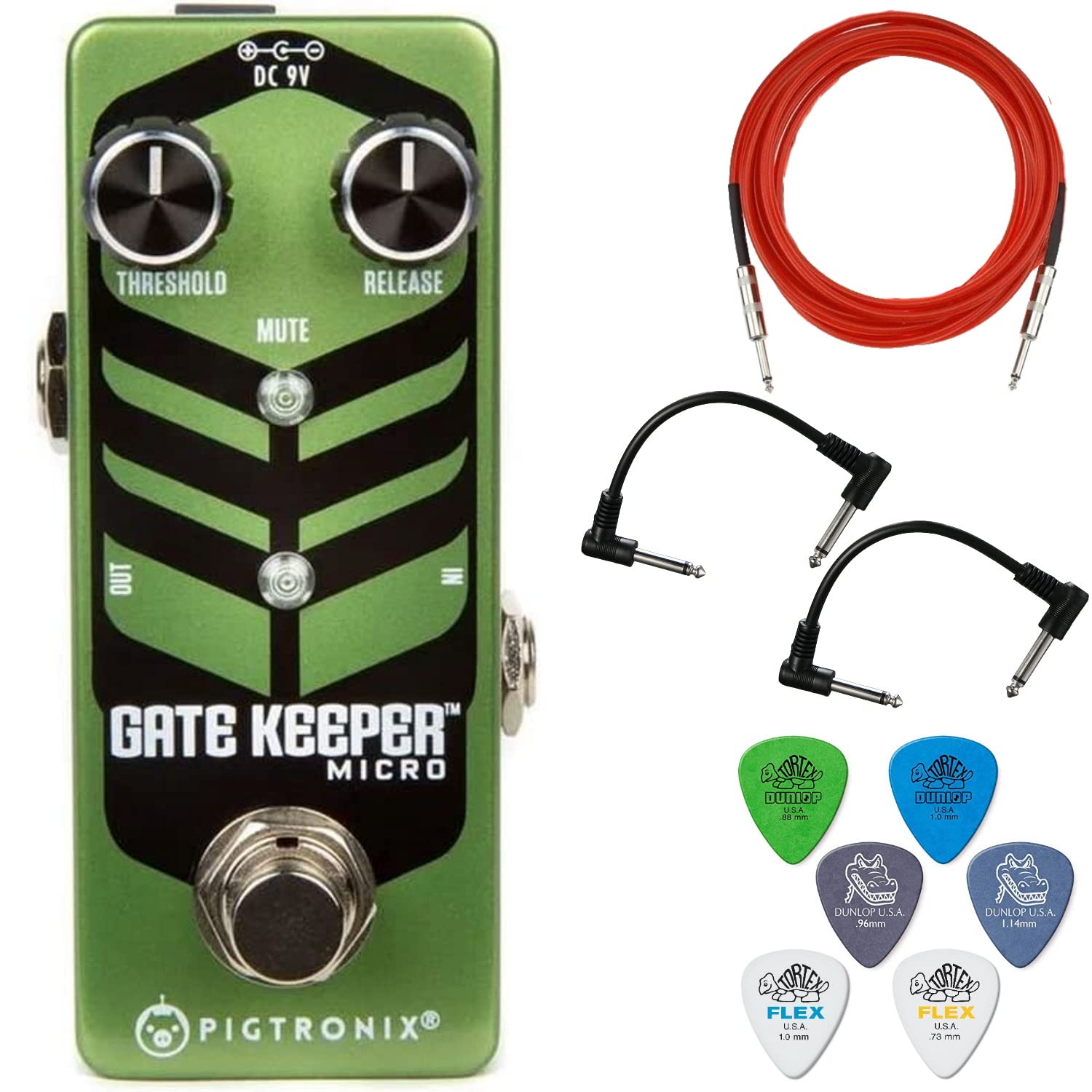 Pigtronix Gatekeeper Micro Hum Eliminator Noise Gate Pedal - Bundle with Instrument Cable, 2 Patch Cables, and 6 Dunlop Picks