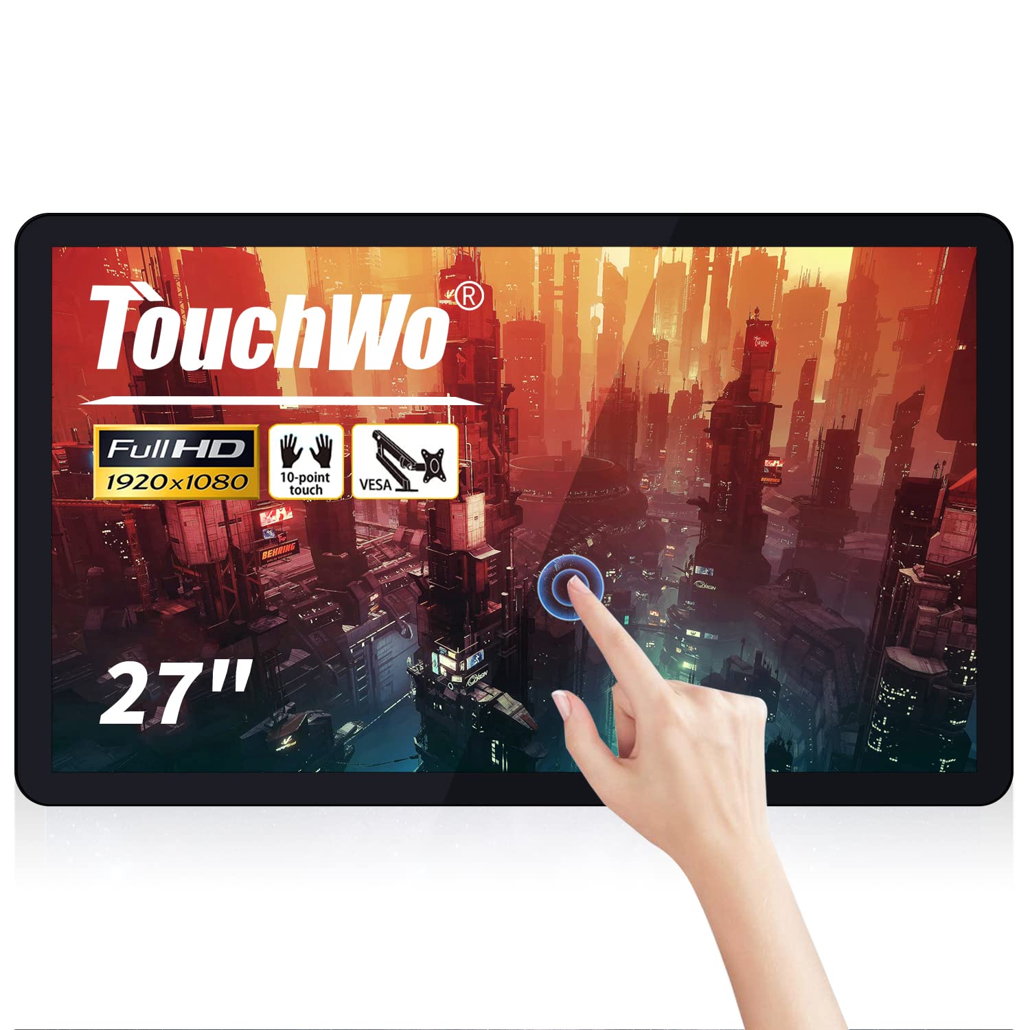 TouchWo 27 inch Capacitive Multi-Touch Screen Industrial Monitor, 16:9 Display 1920 x 1080P, Built-in Speakers, VGA, DVI & HD-MI Monitor for PC, POS, Small Business, Restaurant