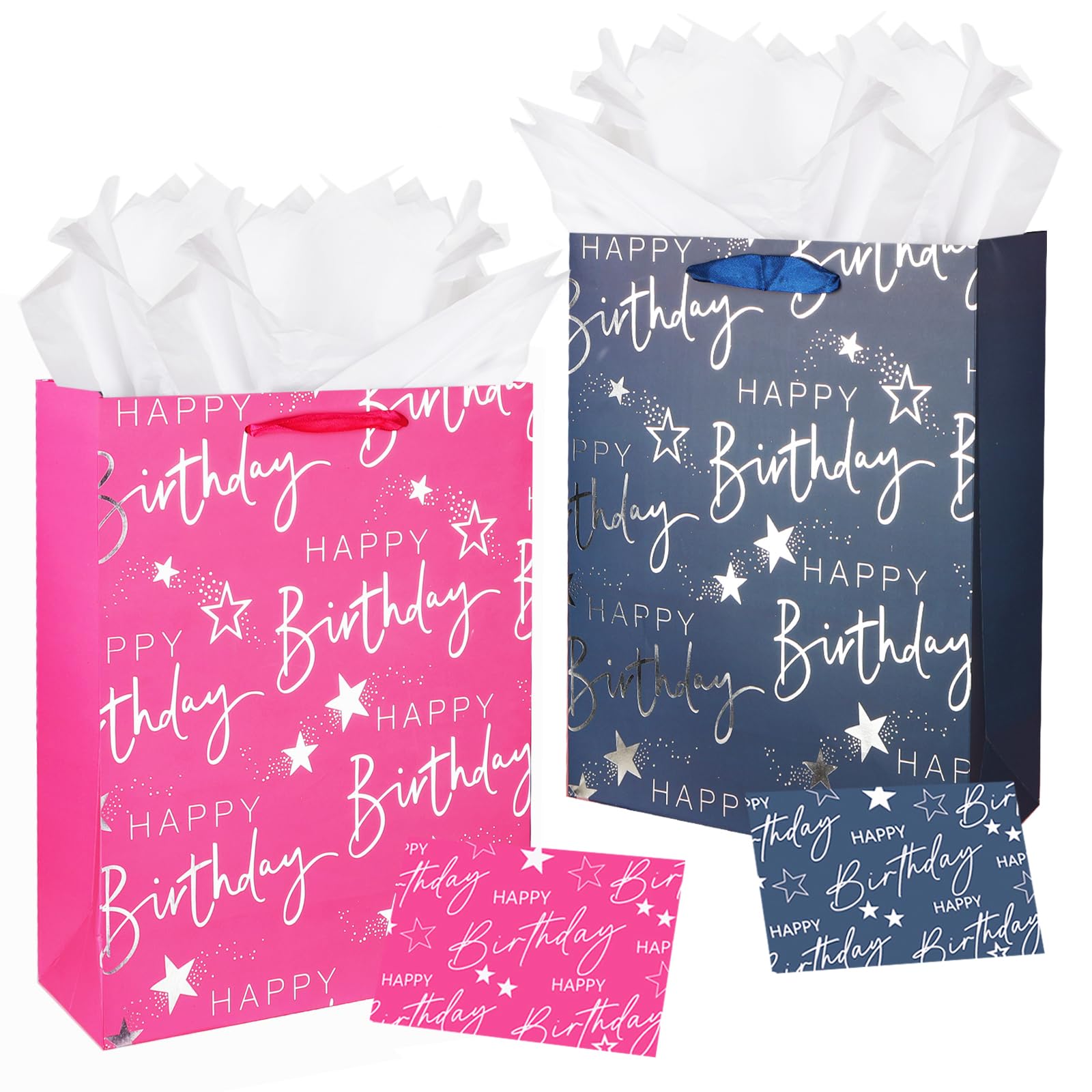 ZJHiome 2pcs Paper Happy Birthday Gift Bags,13'' Blue & Pink Paper Bags with Tissue Paper Greeting Cards for Adluts Kids Men Women's Birthday Supplies