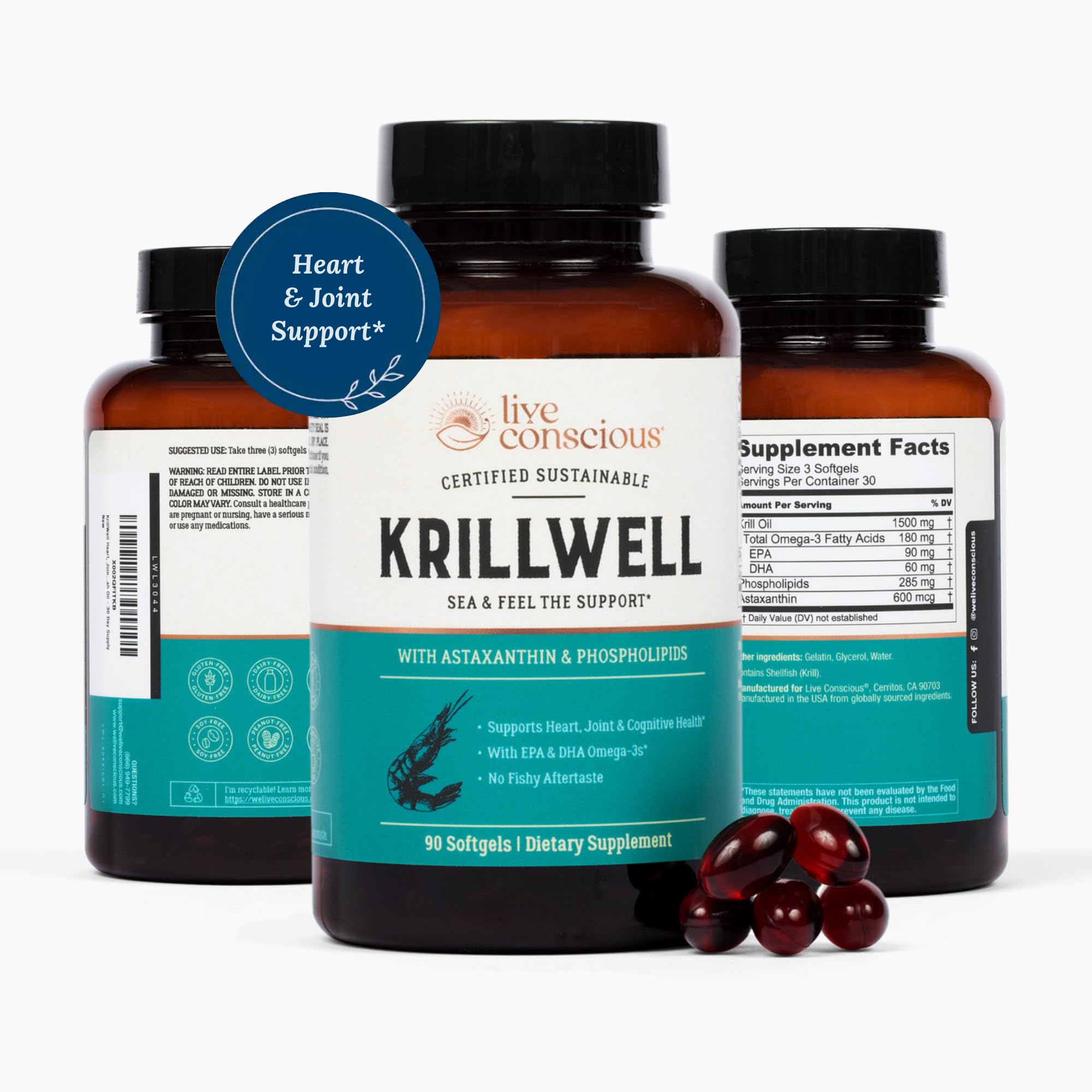 Live Conscious KrillWell, Joint, and Cognitive Support | Certified Sustainable Krill Oil 2X More Effective Than Fish Oil - 30 Day Supply