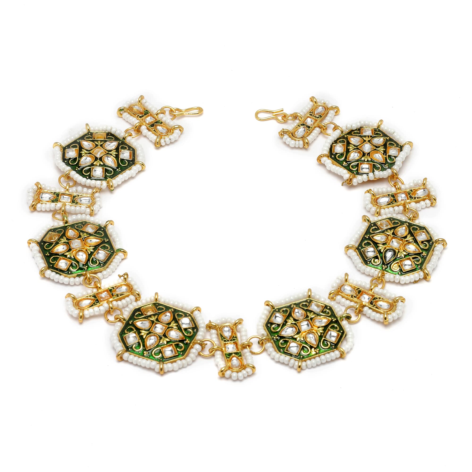 ZENEMEGold-Plated Green & White Artificial Stones and Beads studded Borla Style Matha Patti