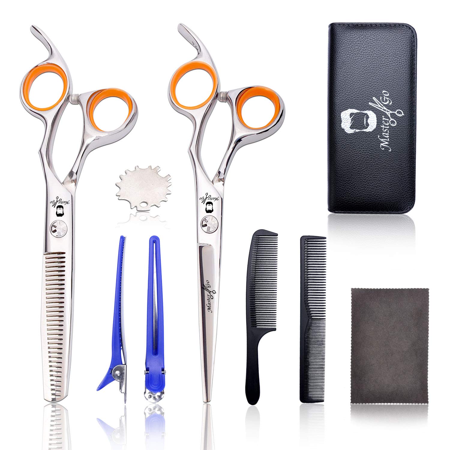 Hair Cutting Scissors Kits, MASTER GO Professional Stainless Steel Hair Shears Set, Straight Edge Sharp Cutting Scissor Thinning/Texturizing Hairdressing Scissors Set for Barber/Salon/Home, 9 PCS