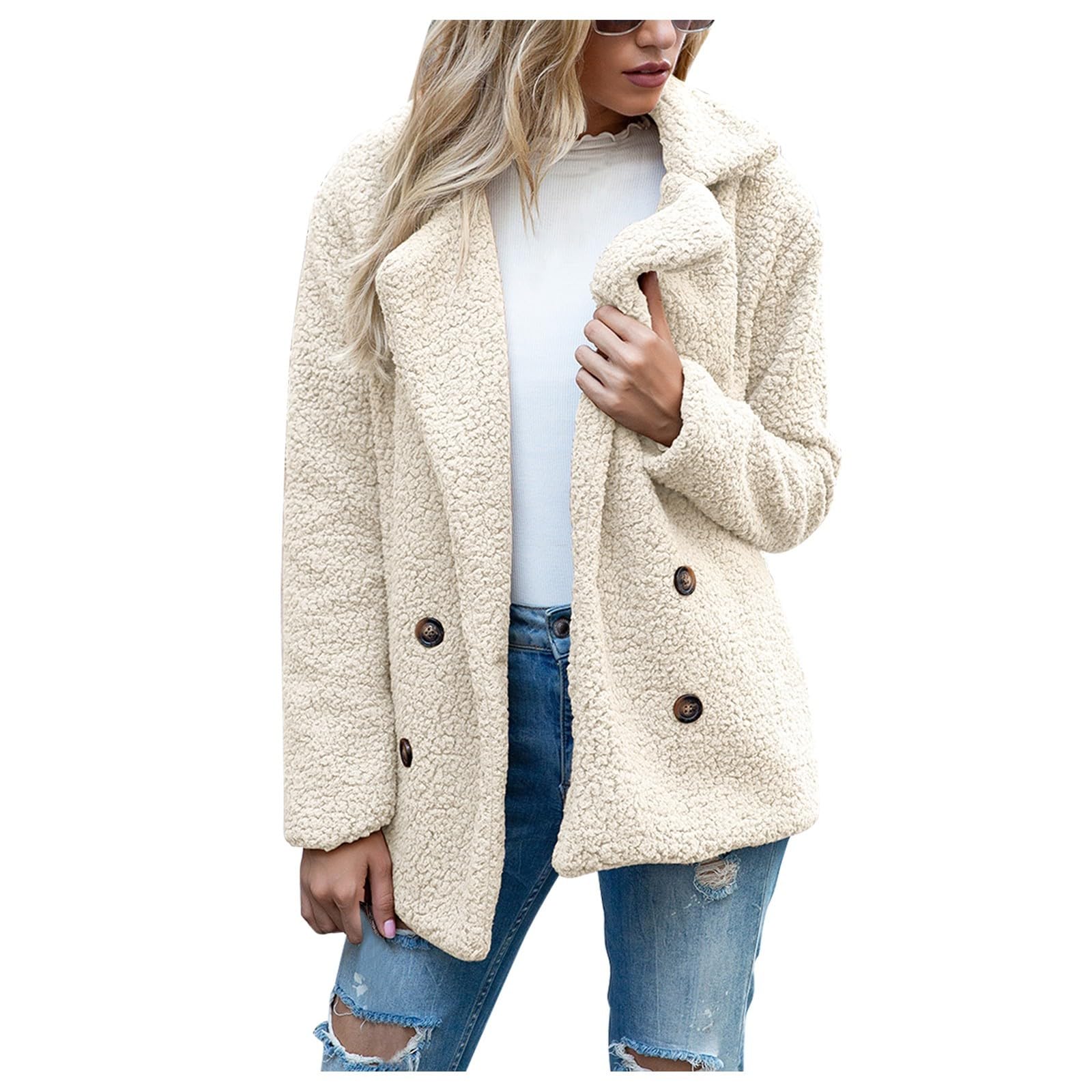 XIQIAMButton Up Fleece Jacket For Women,Lapel Fuzzy Fleece Open Front Pockets Sherpa Cardigan Jacket Coat Outwear