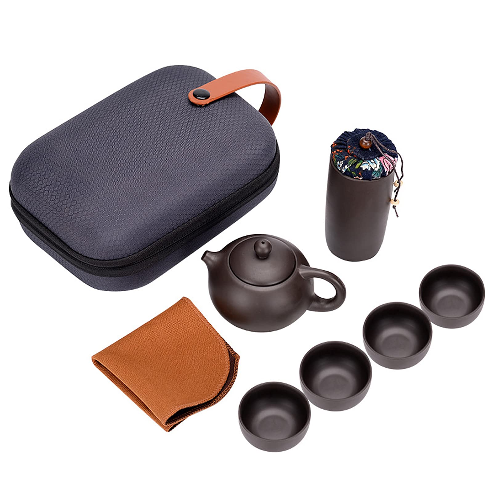 Joleritc Ceramic Purple Sand Tea Set Portable Outdoor Travel Tea Pot and Cups Set with Towel Tea Canister and Carry Bag