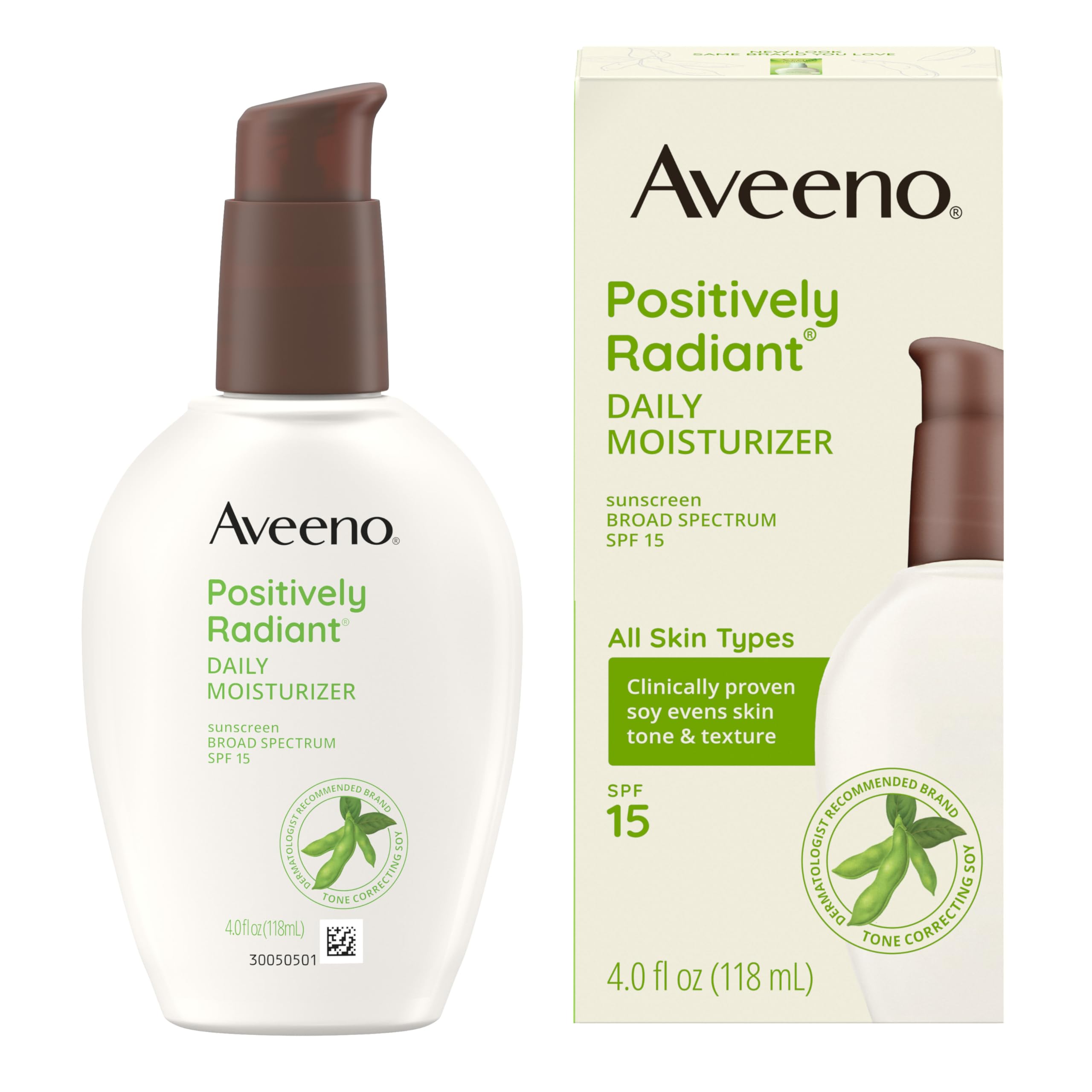 AveenoPositively Radiant Daily Face Moisturizer with SPF 15 Sunscreen, Hydrating Facial Moisturizer with Soy Extract to Improve Skin Tone and Texture, Hypoallergenic Formula, Oil-Free, 4 FL OZ