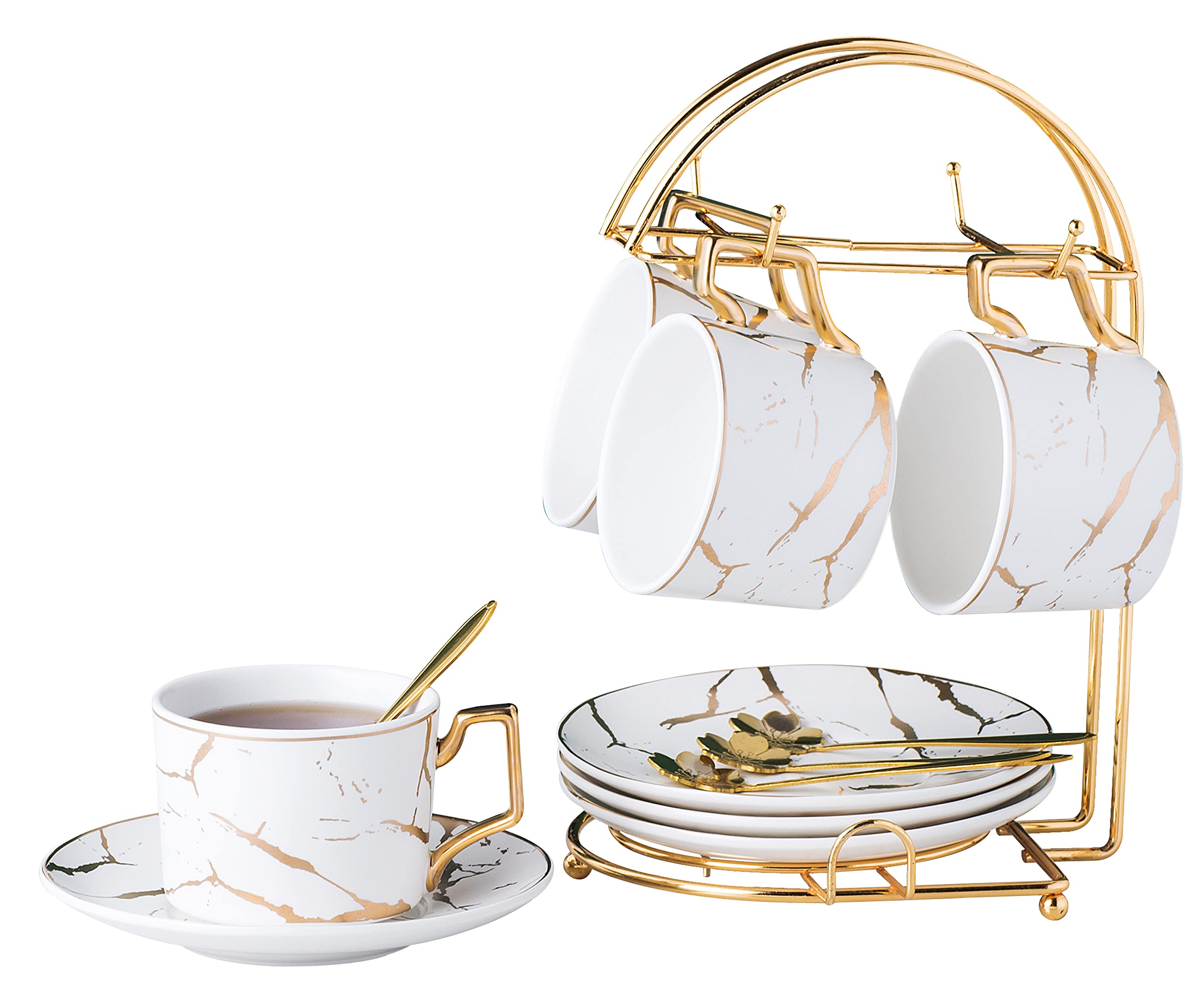 Jusalpha Serve of 4- Hand Printed Golden Matte Ceramic Marble Tea Coffee/Tea Cups with Spoons and Cup Holder, 7OZ -TCS26 (White/Gold, Serve of 4)