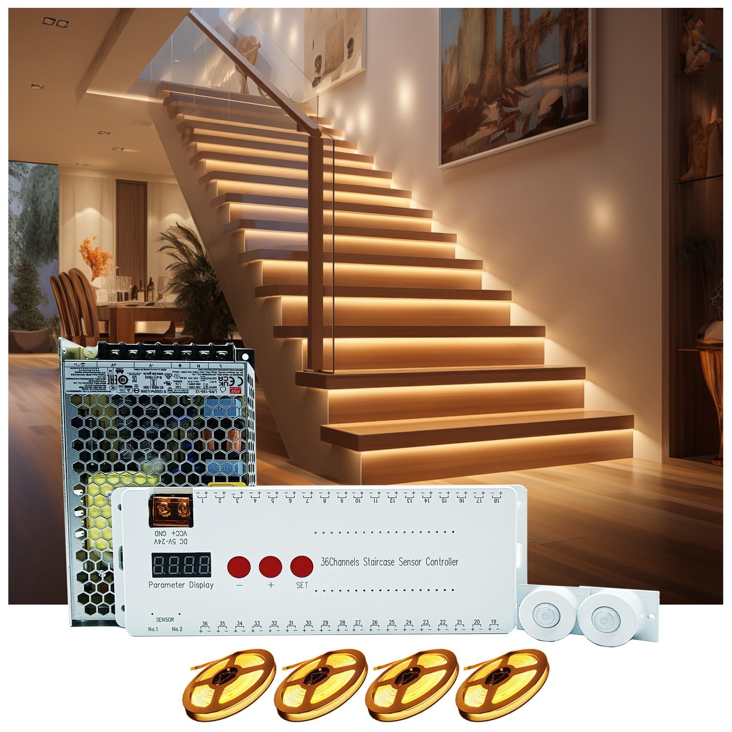 Stair Lights Motion Sensor Indoor, Smart Interior Led Step Lights 16 Stairs 40 Inch Length Cuttable Led Light Strip for Stair Case (3000K Warm White Stairway Lighting Kit)