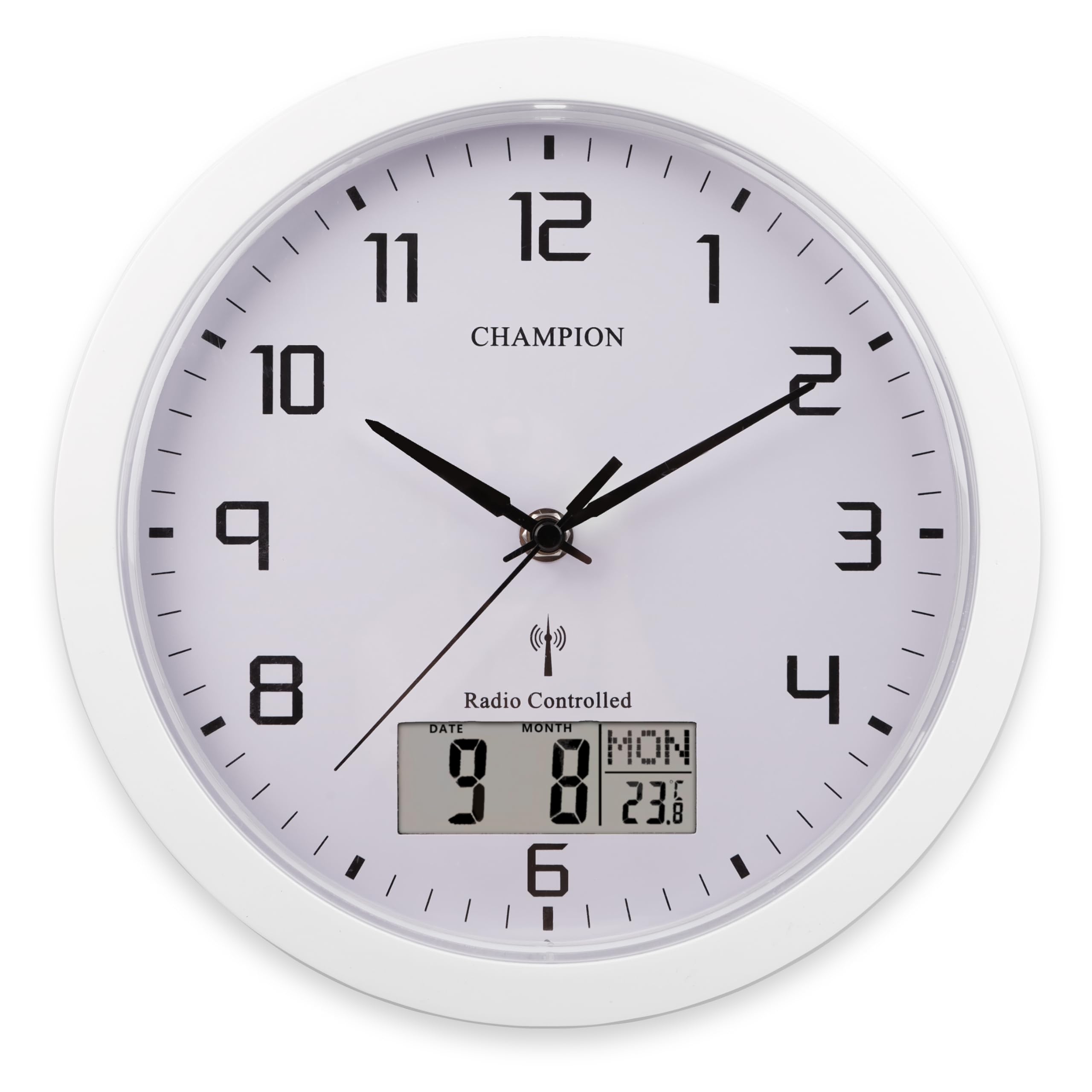 Champion 25cm MSF Radio Controlled Quartz wall clock with inset LCD display with day/date - White