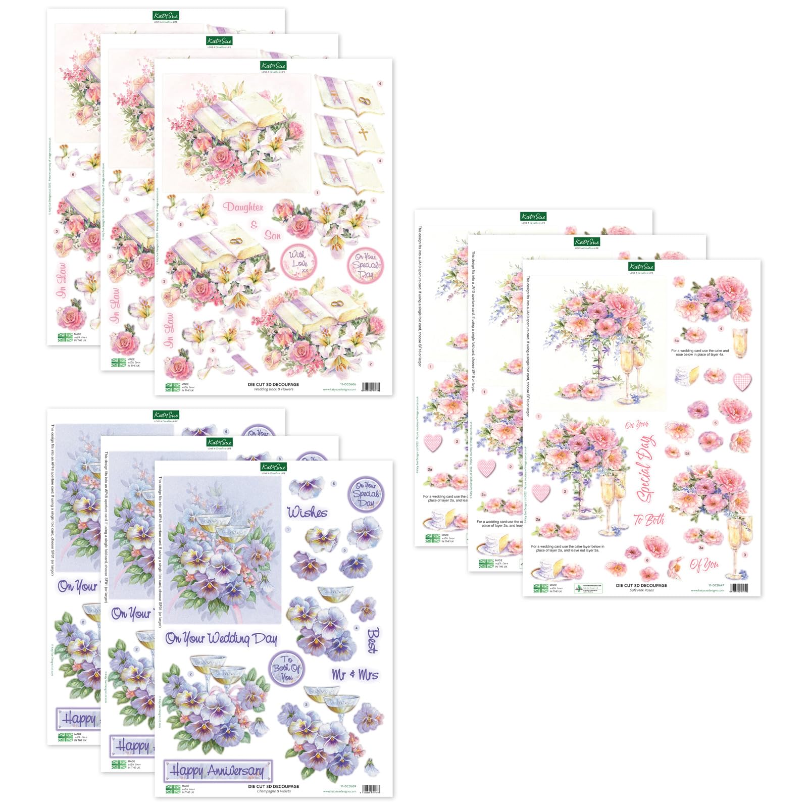 Katy Sue 'On Your Special Day' Die Cut Decoupage Pack for Card Making & Craft - Contains 9 Sheets of Katy Sue Die Cut Decoupage - 'Book & Flowers', Champagne & Violets' & 'Soft Pink Roses'