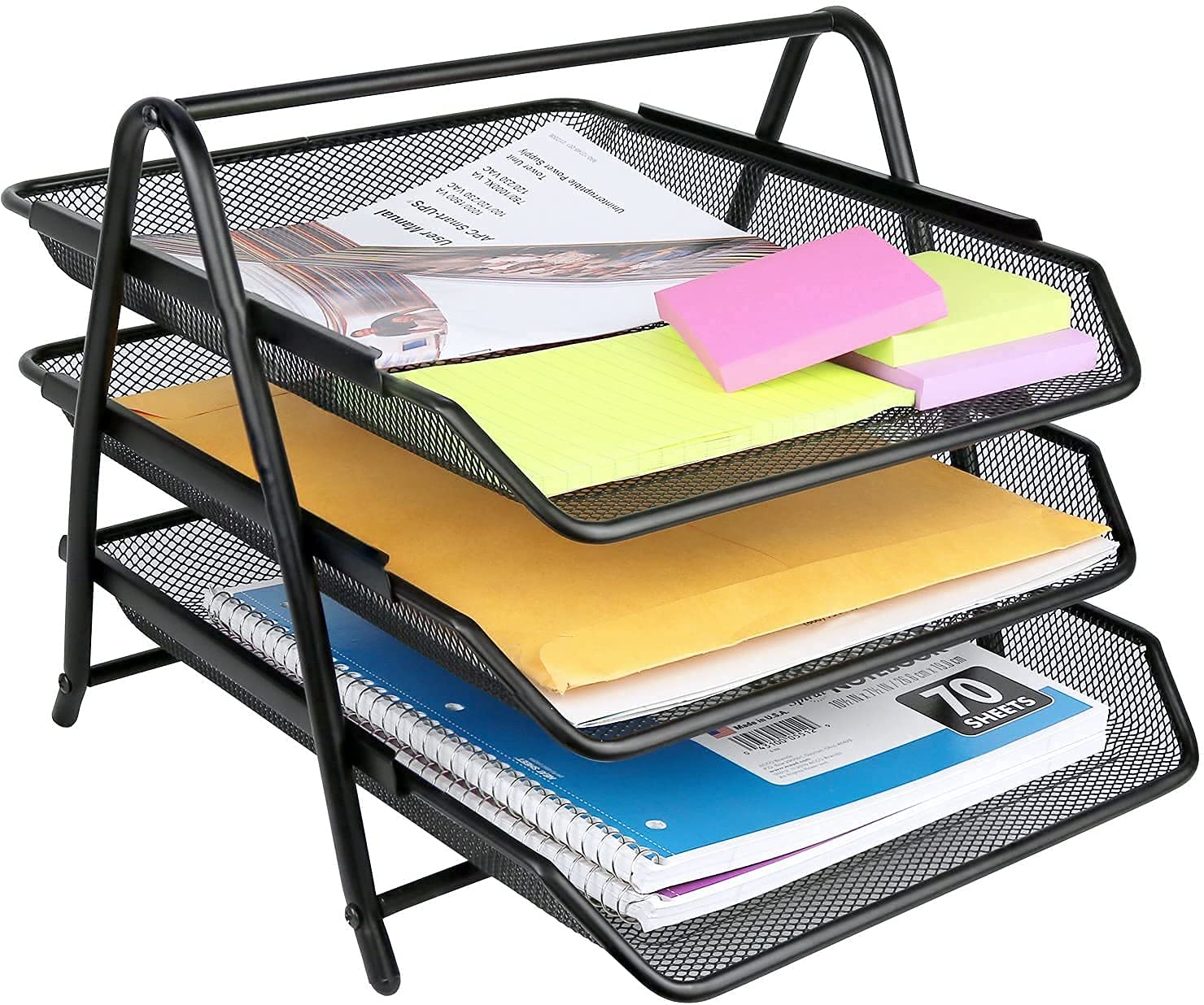 SOLDTRUE 3 Tier Document, File, Paper, Letter, Office, Desktop Tray Organizer 3 Desk File Tray, 3 Tier Metal Mesh A4 Files Documents Papers Folders Holder Desk Organizer (Black)