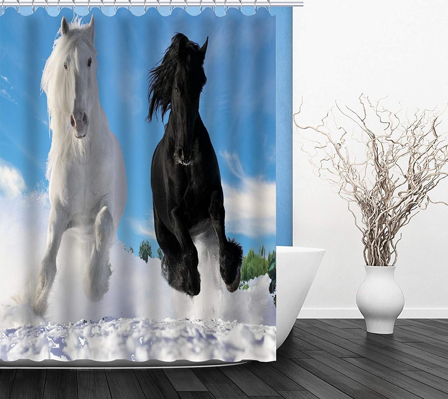 SNOOGG Beautiful Printed Shower Curtain Design Size : 60 x 72 Inch. Print Design : Horses Race Pattern