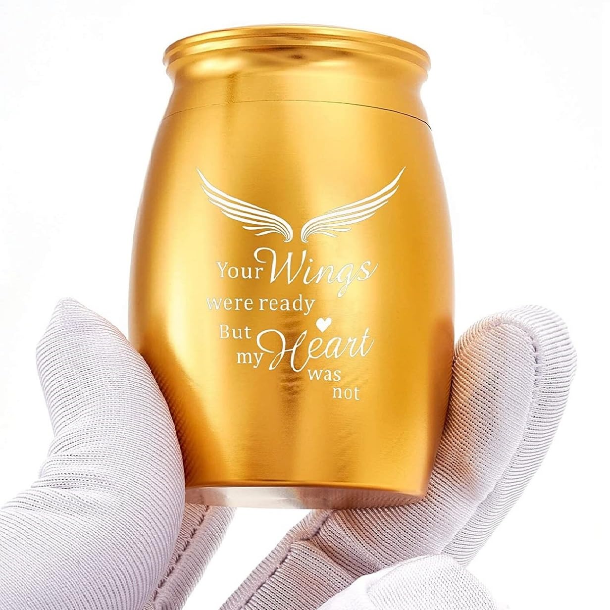 LINES ARTE Small Gold Urns for Human Ashes, 2.7x1.7Inch Aluminum Mini Gold Urns for Ashes Adult Male/Female with Angel Wings, Decorative Keepsake Tiny Urns for Adult Ashes