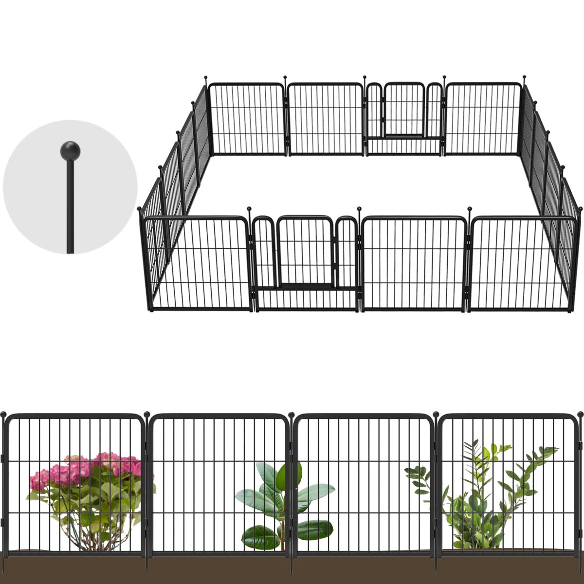 FXW Decorative Garden Metal Fence Temporary Animal Barrier for Yard, 14 Panels+2 Gates, 33'(L)×24"(H), Black